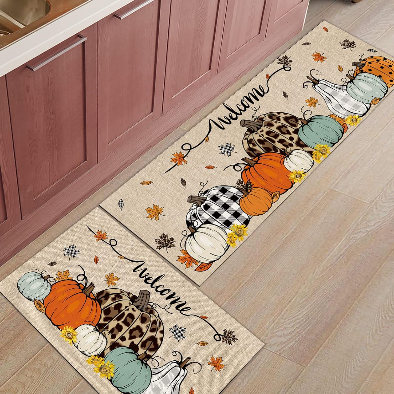 Tapete de calabaza de Acción de Gracias, tapete de bienvenida con diseño de leopardo, diseño de calabaza, hojas de arce, tapete antideslizante para