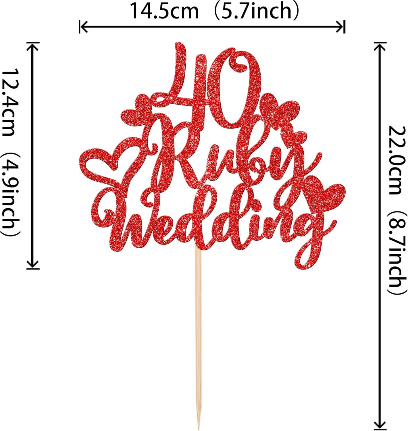 1 pieza de decoración de pastel de boda de 40 rubíes con corazón rojo con purpurina roja para 40 aniversario de boda, decoración de pastel de