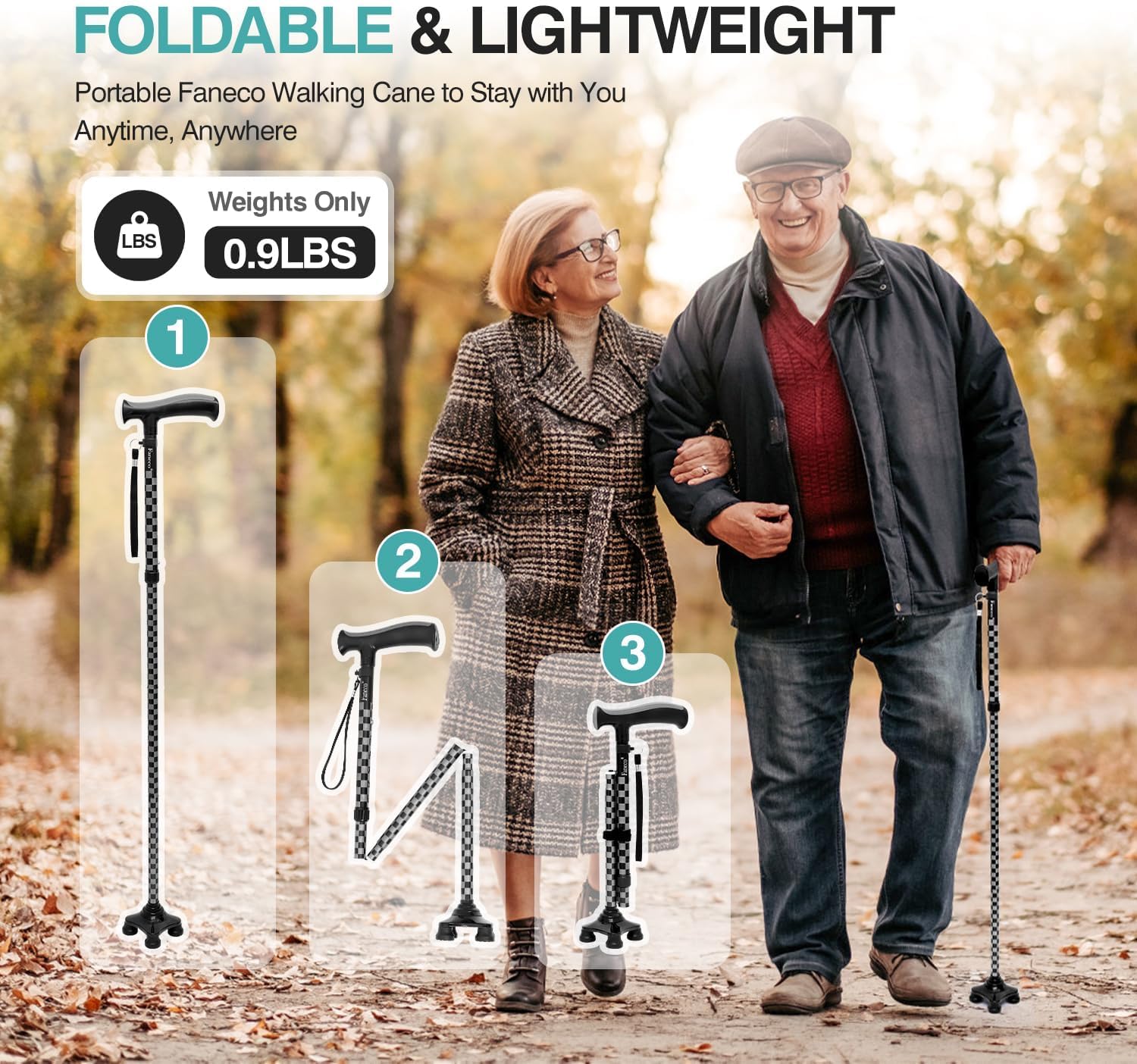 FANECO Bastón para ancianos, bastón plegable para personas mayores, base cuádruple giratoria, bastón ligero y ajustable para hombres y mujeres