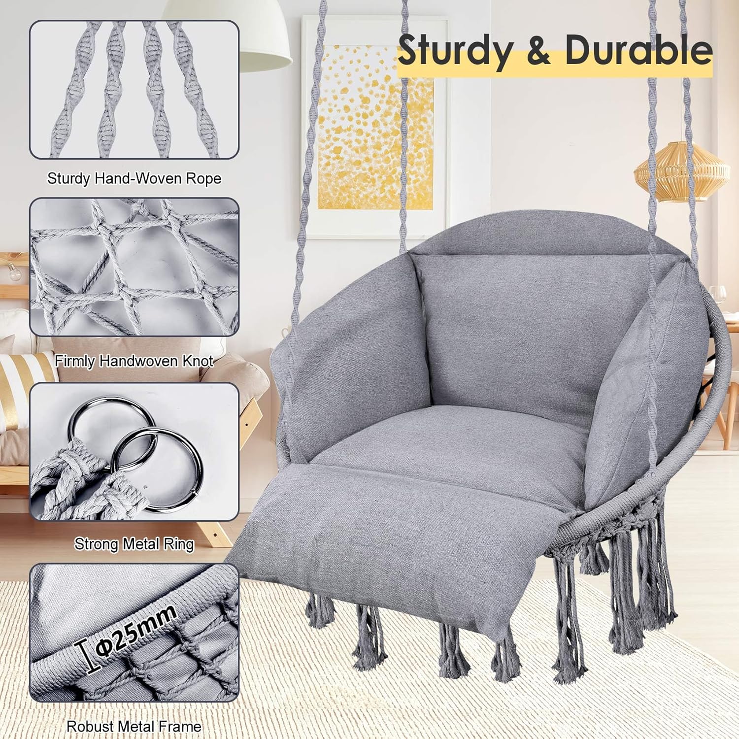 Silla colgante, hamaca de macramé, silla colgante con cojín de gran tamaño y accesorios de montaje, silla columpio tejida a mano para dormitorio,