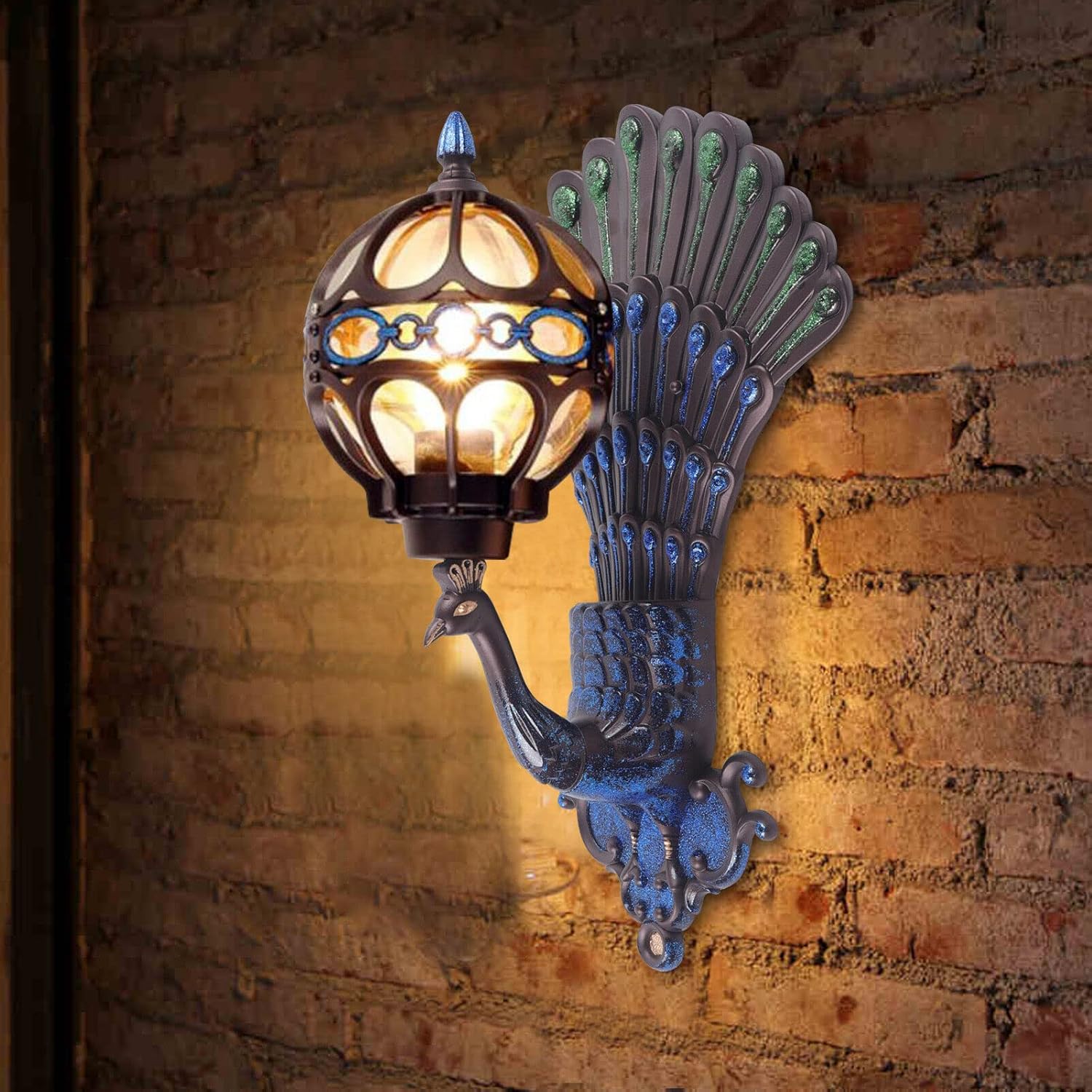 Lámpara de pared de pavo real, 21 pulgadas, decoración de arte retro antiguo, lámpara LED de pared, impermeable IP65, resistente a altas