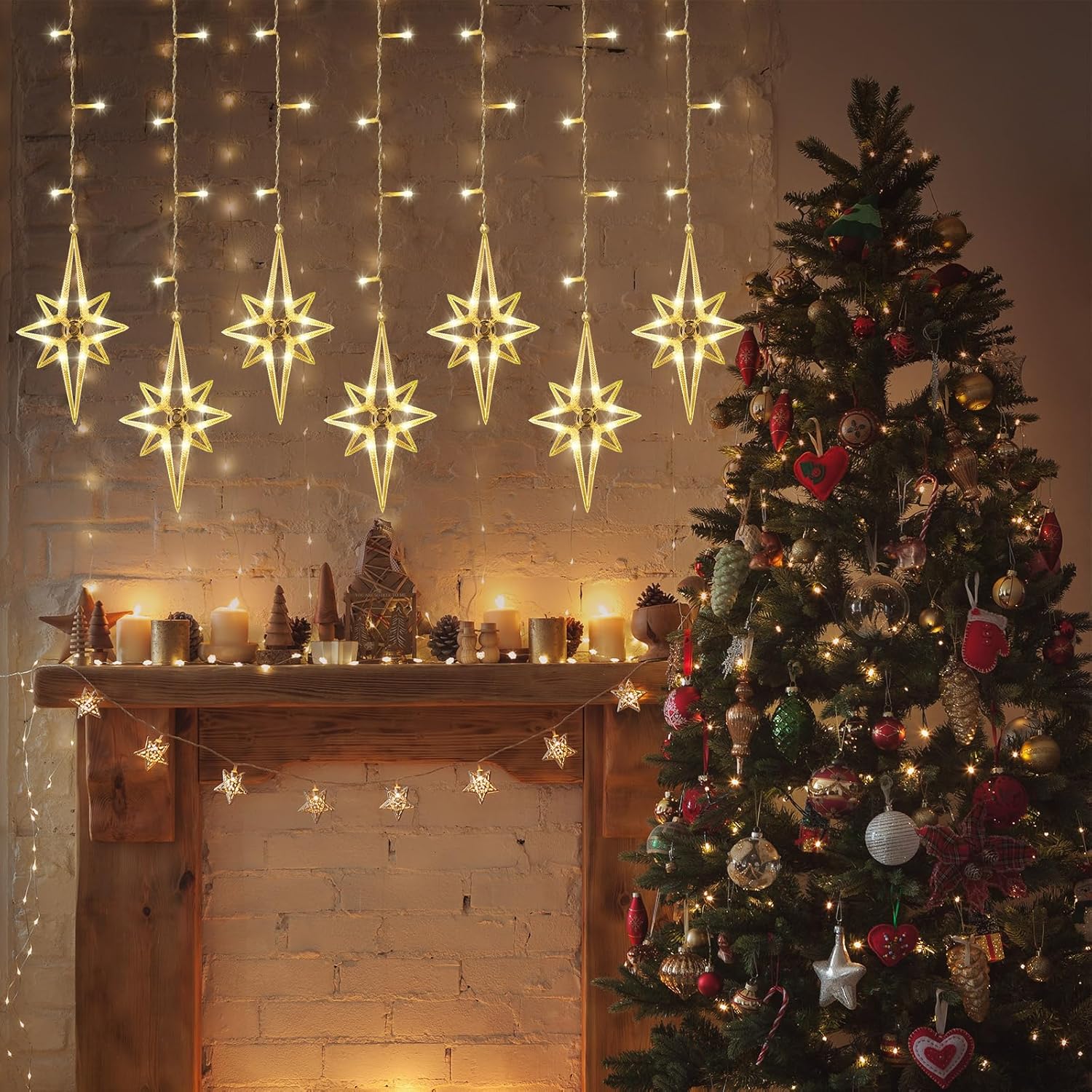 VIHOSE Guirnalda de luces de cortina de estrellas de Navidad, 138 LED, 16 luces Polaris para ventana, enchufables con 8 modos de luces colgantes