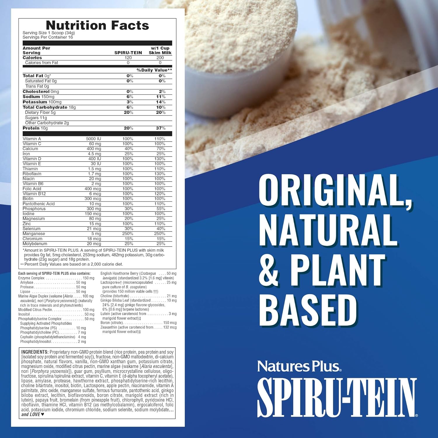 NaturesPlus SPIRU-TEIN Plus – Batido para adultos maduros, sabor a vainilla, 1.2 libras, proteína en polvo, reemplazo de comidas a base de plantas,