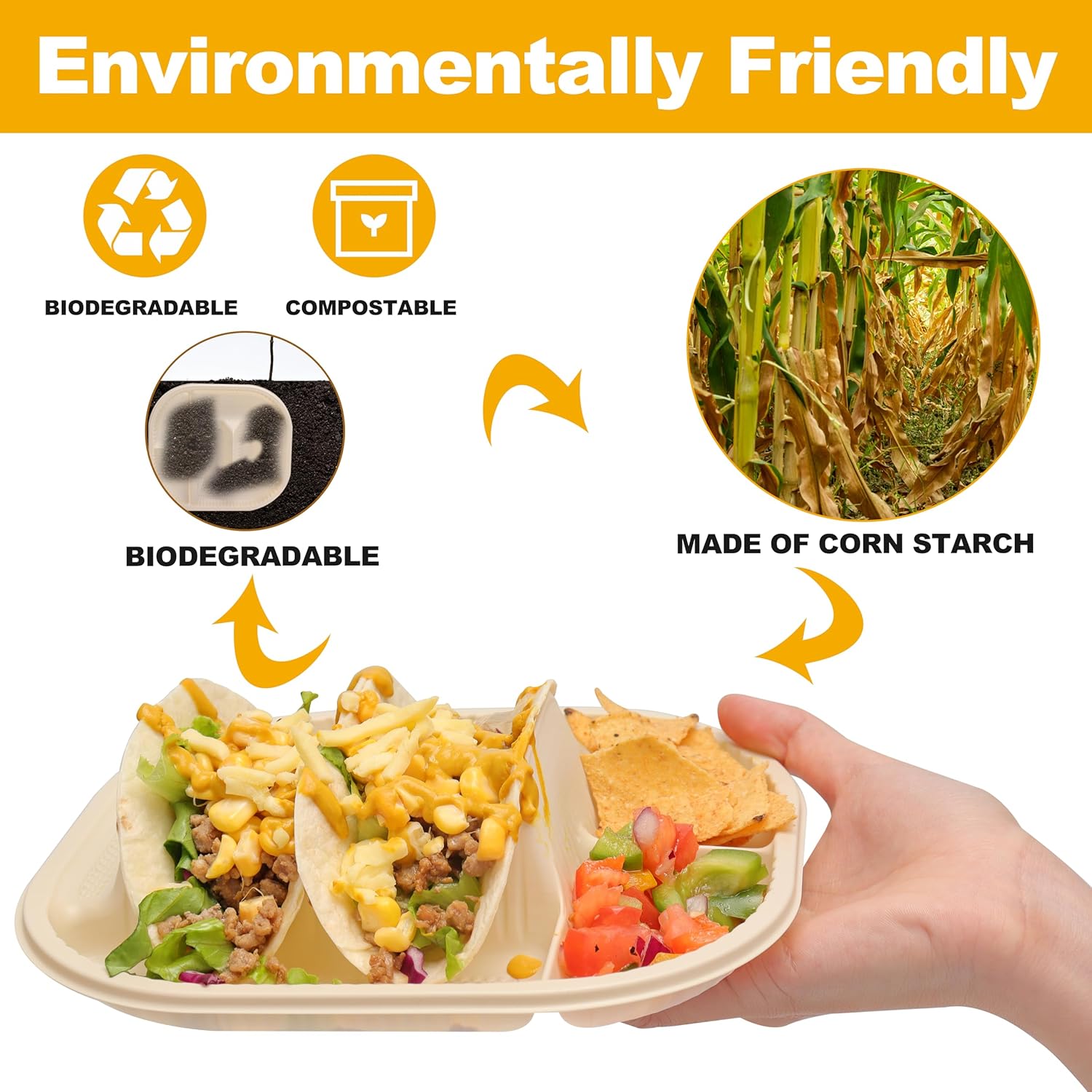 LUVCOSY 50 platos desechables pequeños para tacos para fiestas, soportes para tacos de almidón de maíz con 2 áreas de inmersión, capacidad para 2