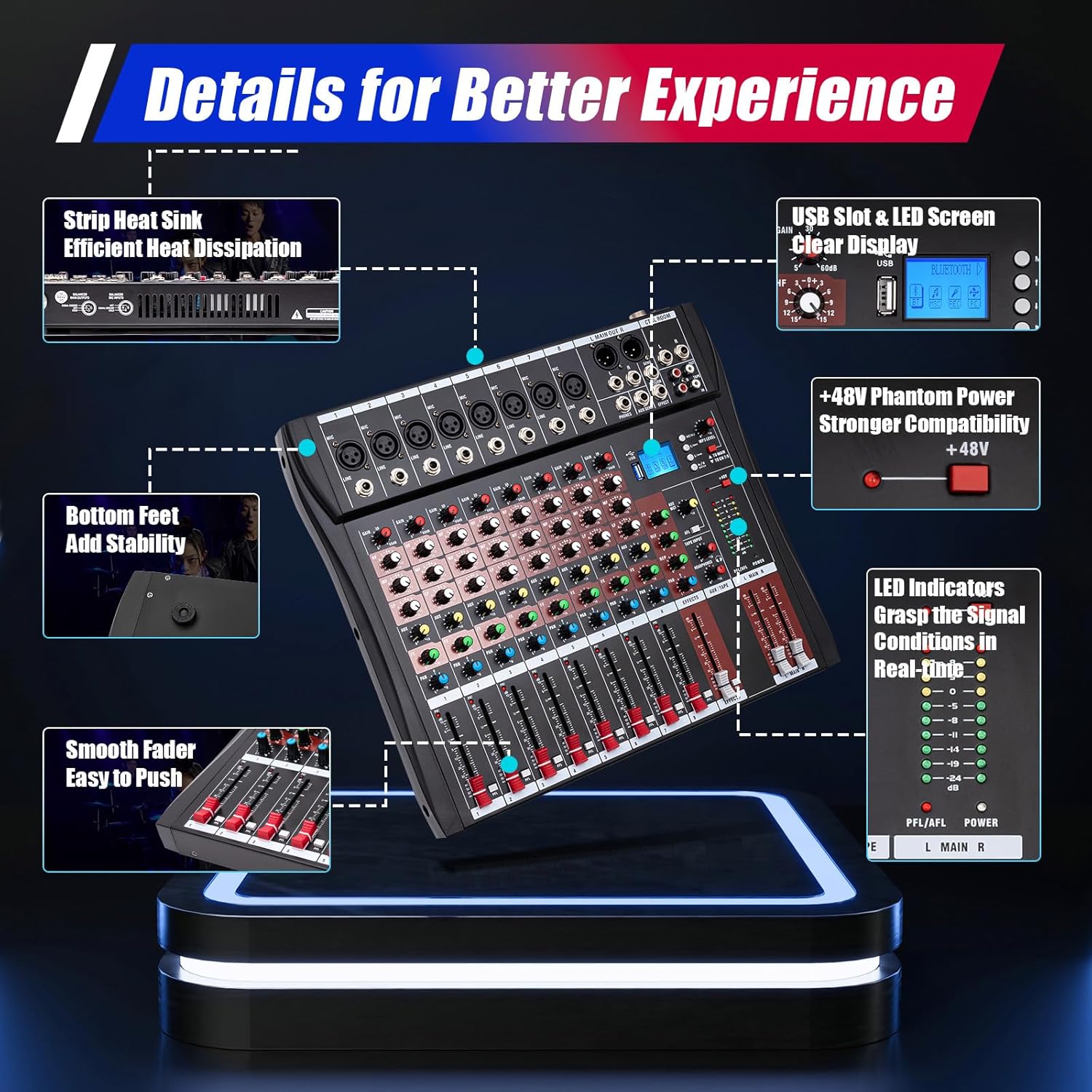 Consola de mezcla multifuncional de 8 canales Bluetooth Live Studio Audio Mixer Consola de mezcla USB con salidas de alta calidad, control de audio