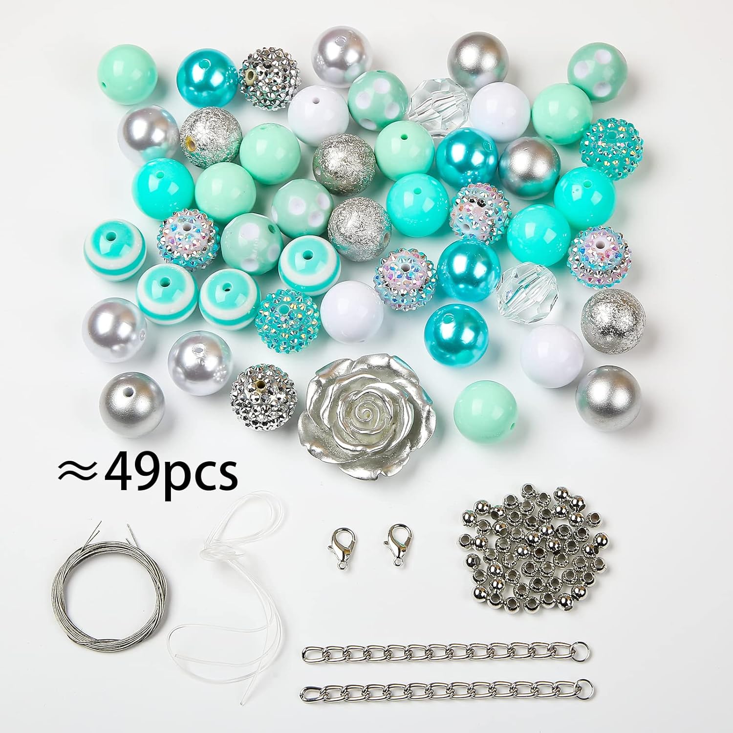 ANCADN 49 cuentas acrílicas redondas y gruesas de color para hacer joyas (verde menta plateada)
