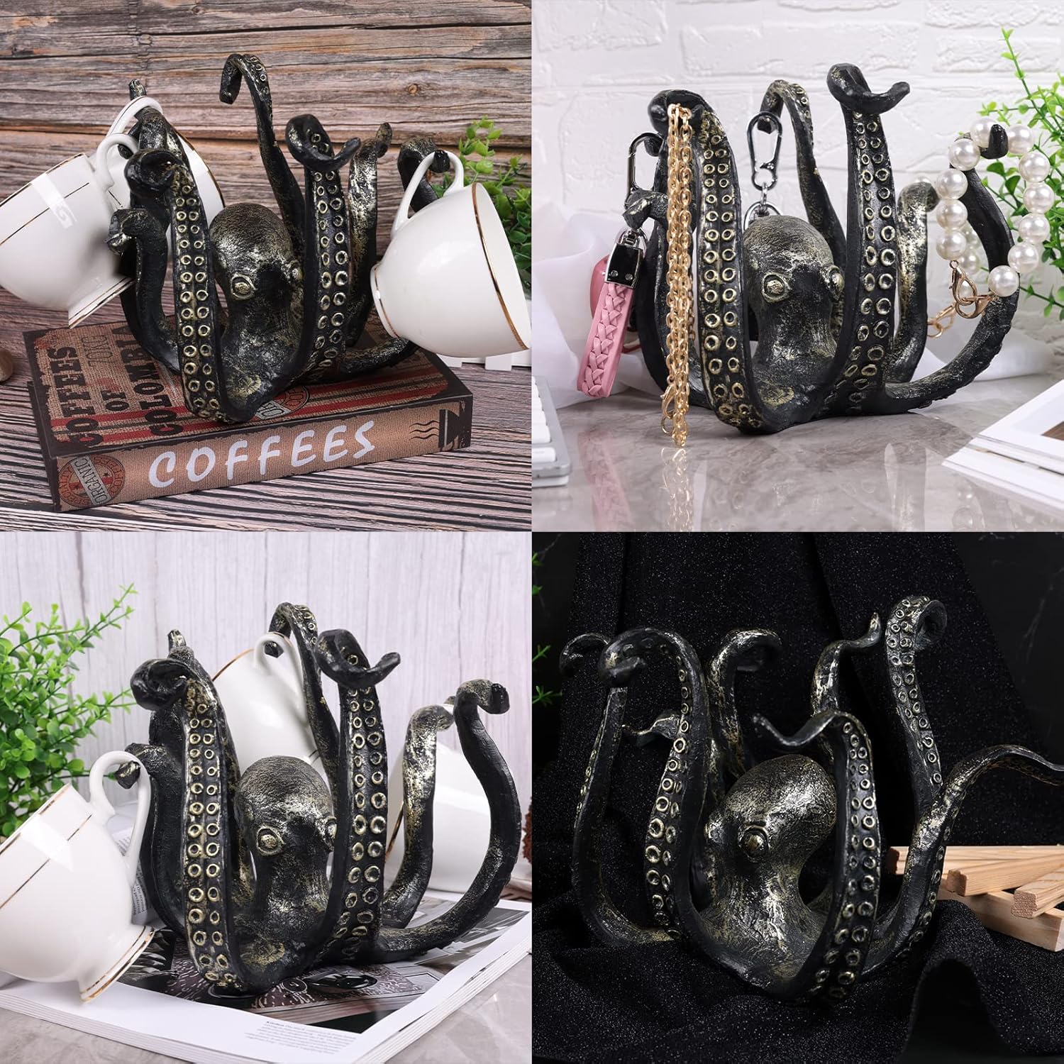 DOVDOV Portavasos de pulpo, soporte de taza de café de pulpo de resina, estatua de pulpo, decoración casera de bronce, accesorios de bar casero,