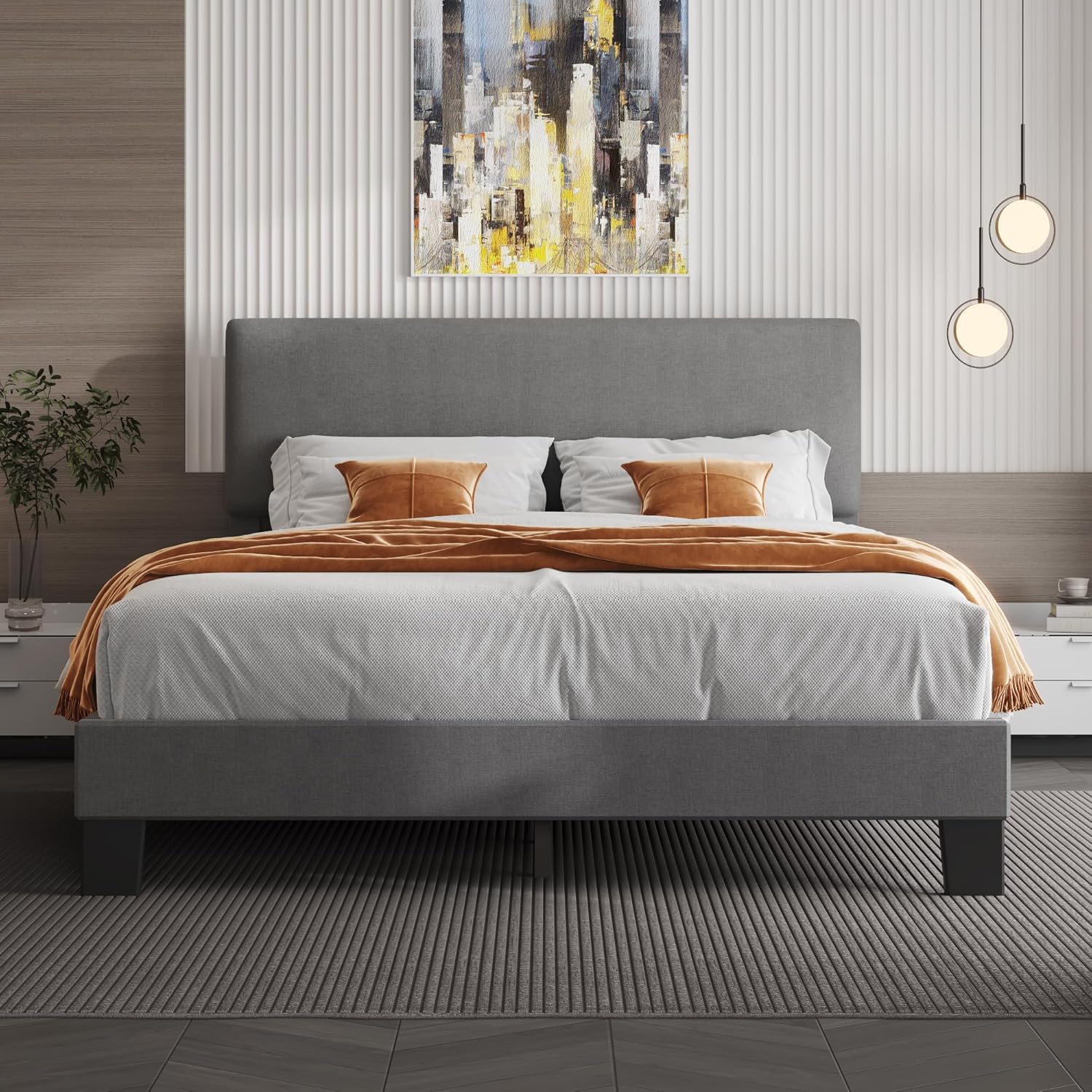 Lifezone Base de cama Queen con cabecero, marco de cama tapizado de lino con soporte de listones de madera, no necesita somier, pies resistentes,