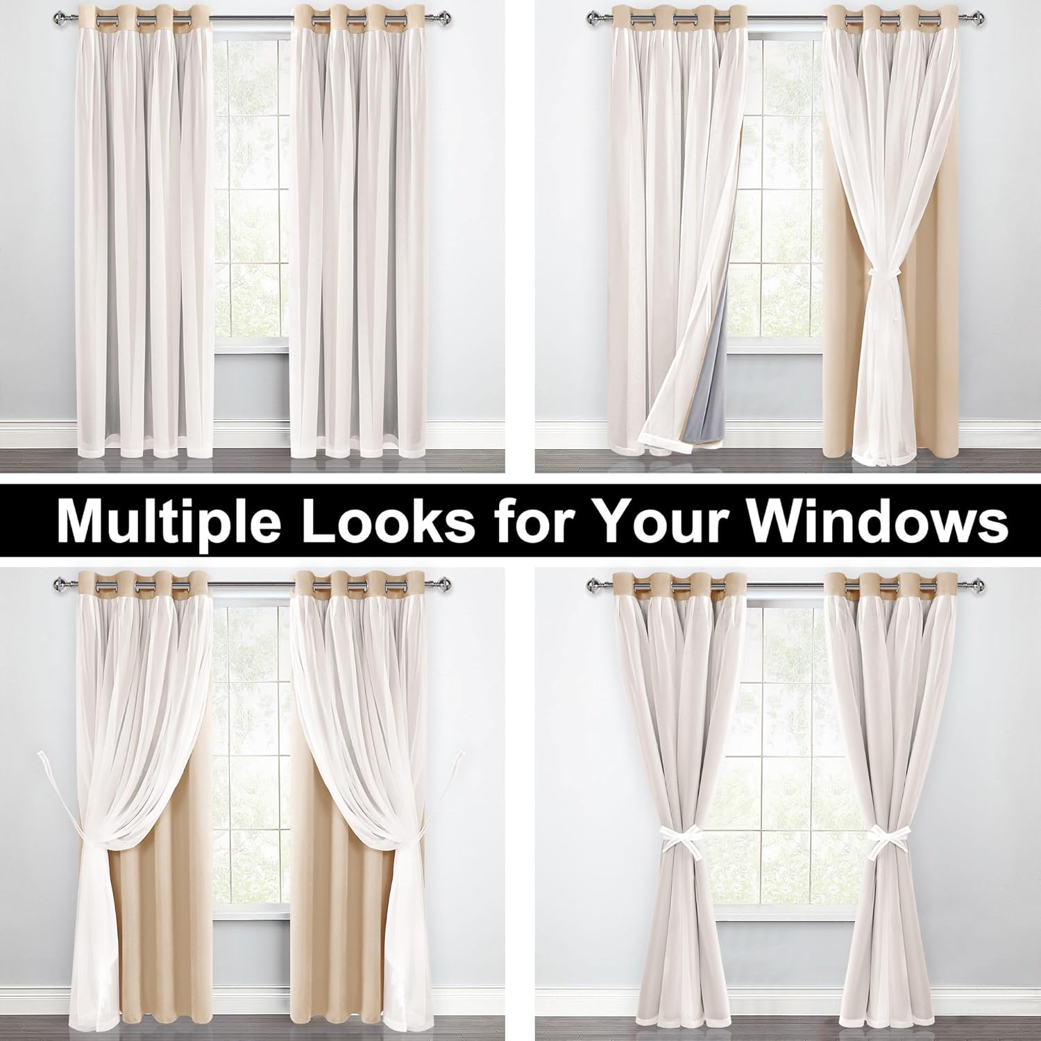 Cortinas 100% opacas con superposición transparente, doble capa con ojales, aislamiento térmico, cortinas de privacidad con forro negro para
