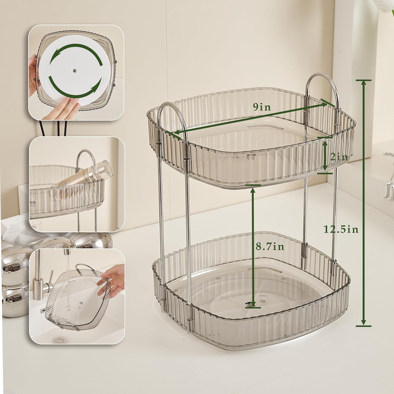 CICUFY Organizador de maquillaje giratorio cuadrado Organizador de contador de baño para cosméticos de cuidado de la piel de perfume – Gris 2 niveles