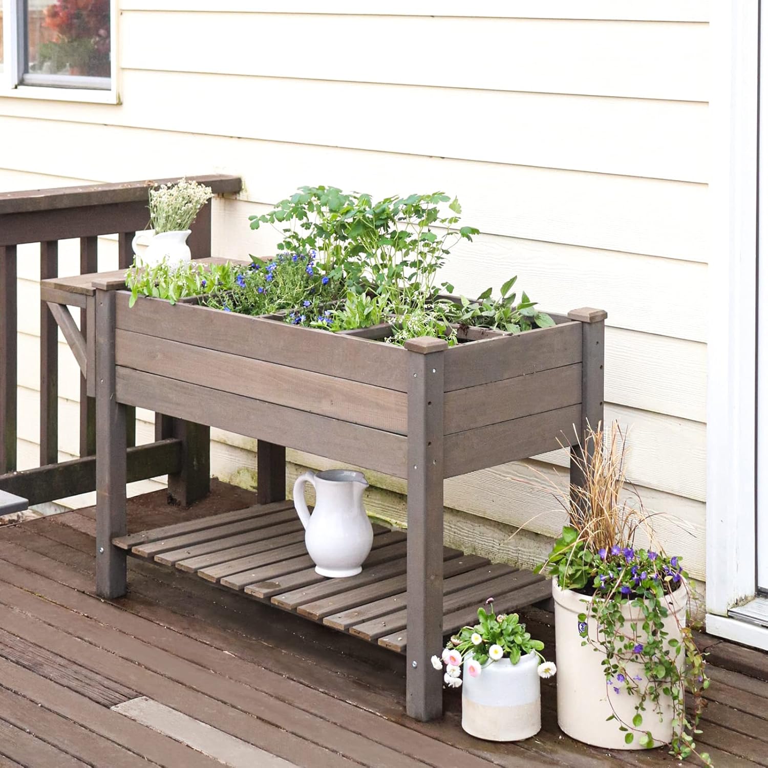 Aivituvin Cama de jardín elevada, maceta de madera elevada con soporte de patas para patio trasero, patio, balcón con forro de cama, para verduras,