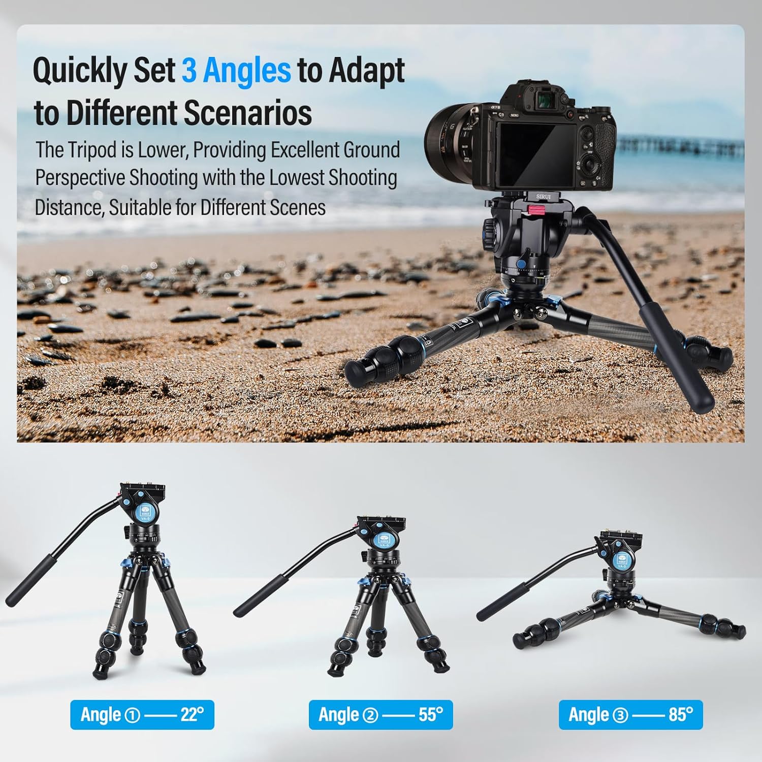 SIRUI AM-223L – Mini trípode de video con cabezal fluido VA-5, trípode de viaje de fibra de carbono con base de nivelación para cámara réflex
