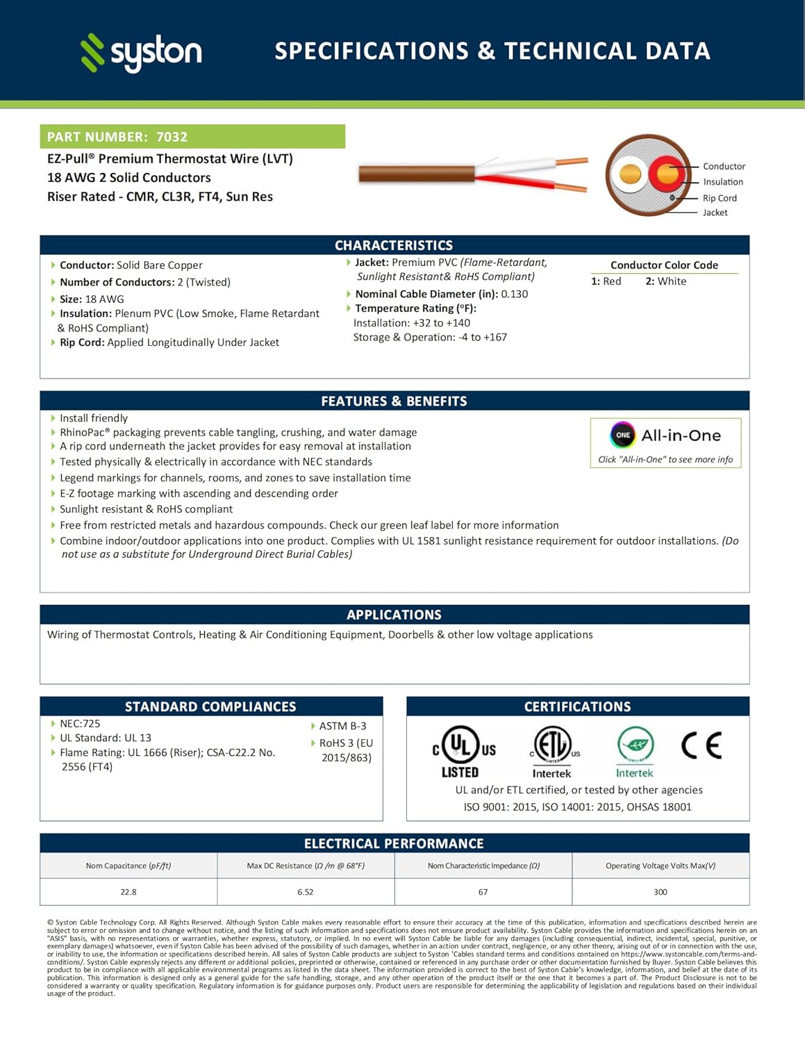 Syston – Cable de control de calefacción HAVC para timbre de puerta 182, 18 AWG 2 conductores de cobre 100% sólido CL3RFT4CMR, resistente a los