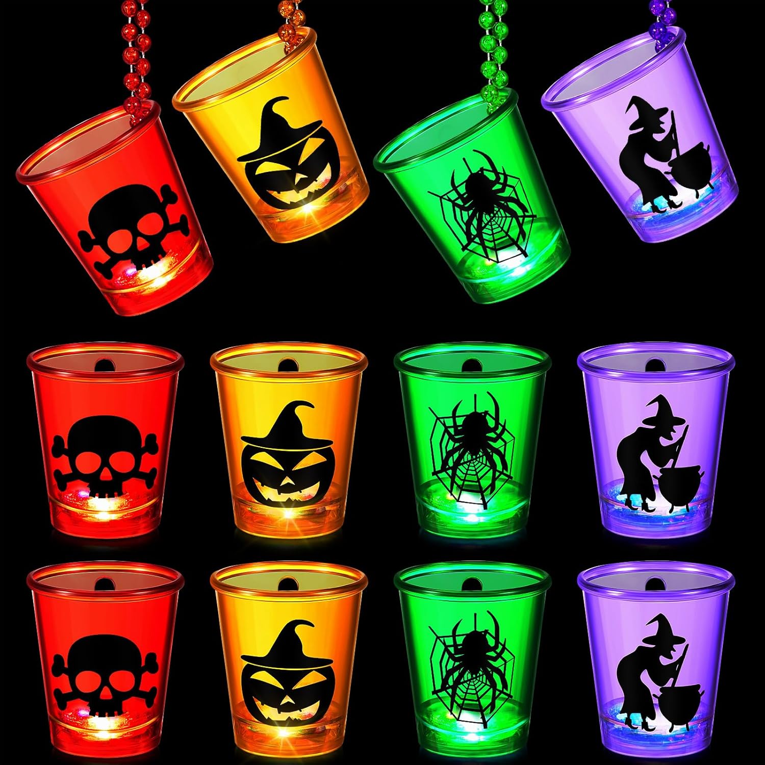 12 piezas de cristal de chupito de Halloween con luz LED, collar de cuentas, vasos de chupito de plástico que brillan en la oscuridad, collares de