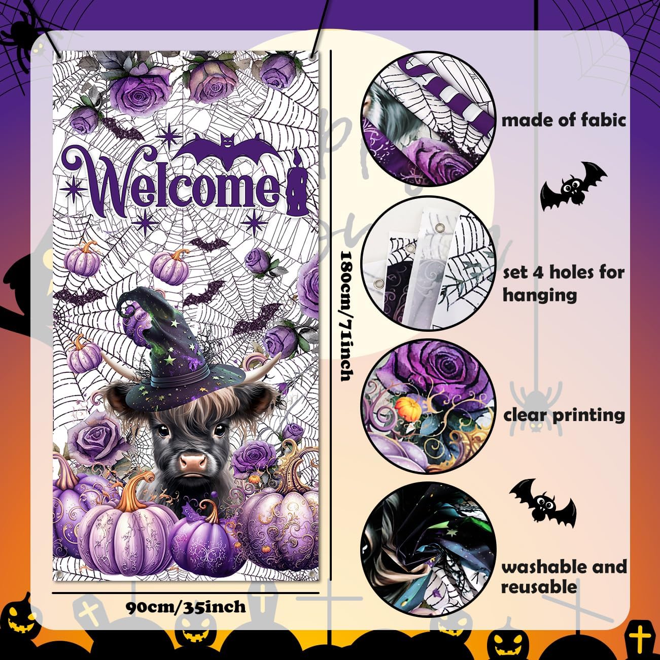 Decoraciones para puerta de Halloween, pancartas de bienvenida de Halloween, vaca de las tierras altas con sombrero de bruja, calabaza morada,