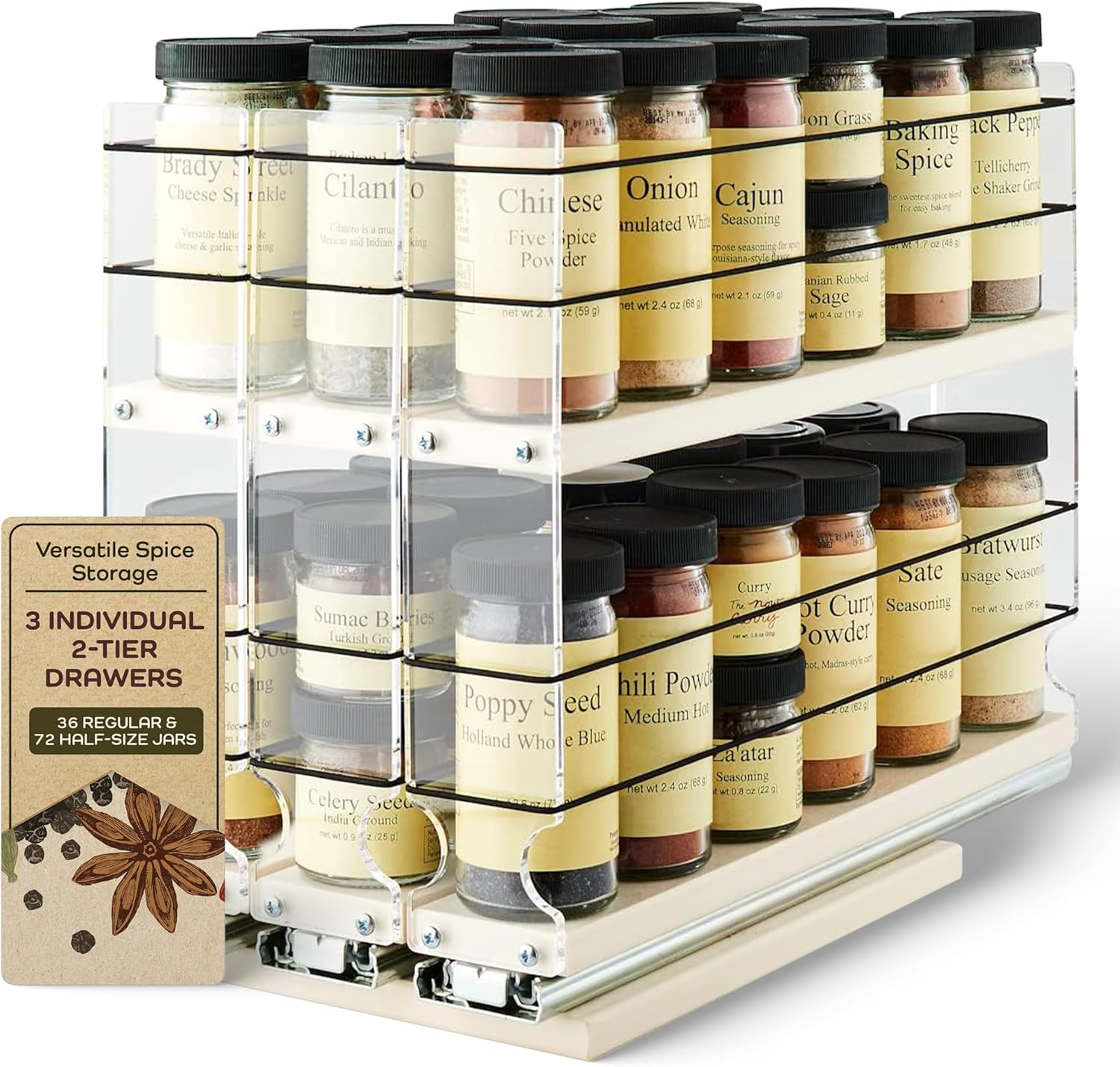 Vertical Spice – Organizador de especias montado en armario – 3 cajones, capacidad 36 – Organizador de gabinete deslizante – Estantes extraíbles