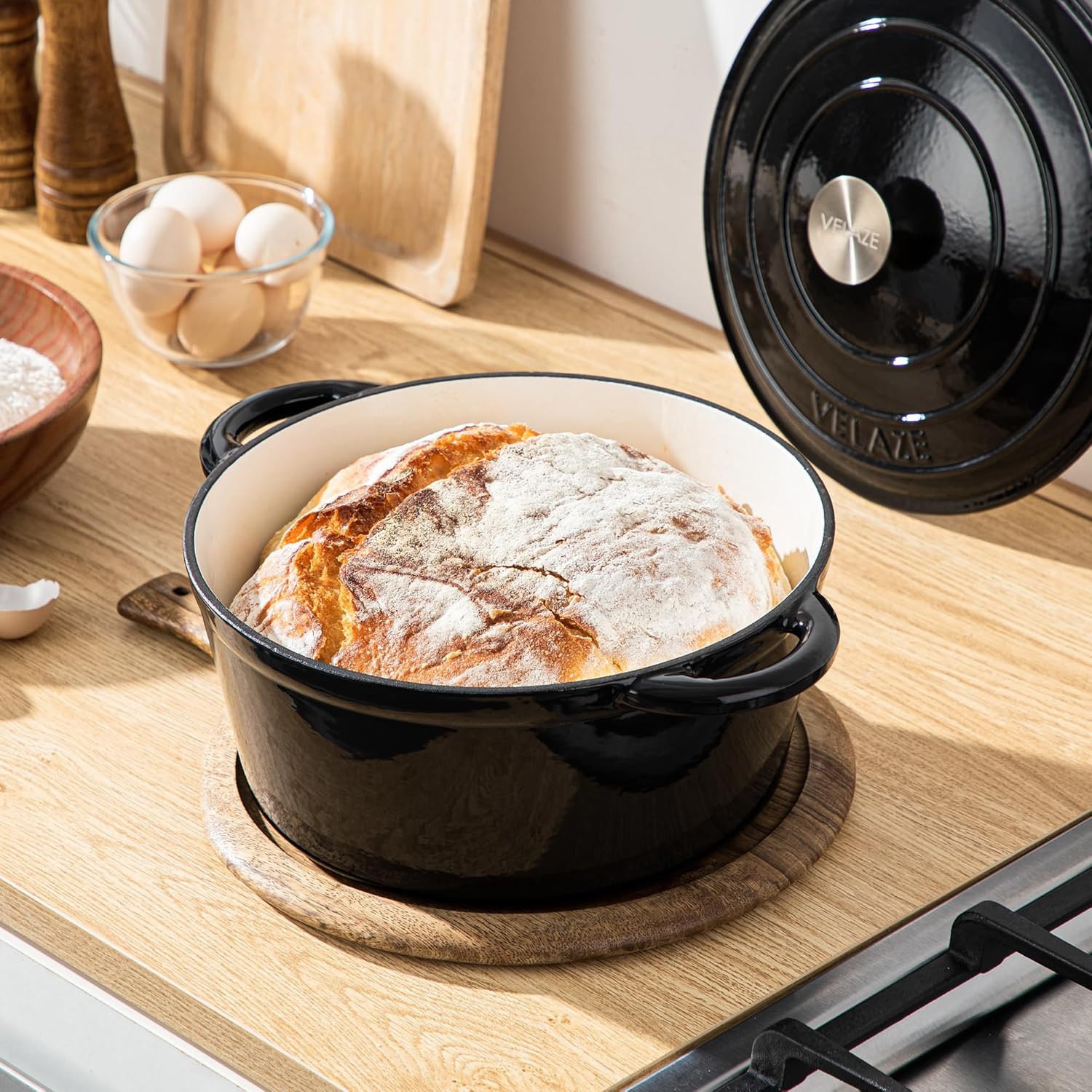 Velaze Olla holandesa de 7.5 cuartos de galón con tapa, horno holandés de hierro fundido esmaltado con asas dobles para hornear pan de masa madre,