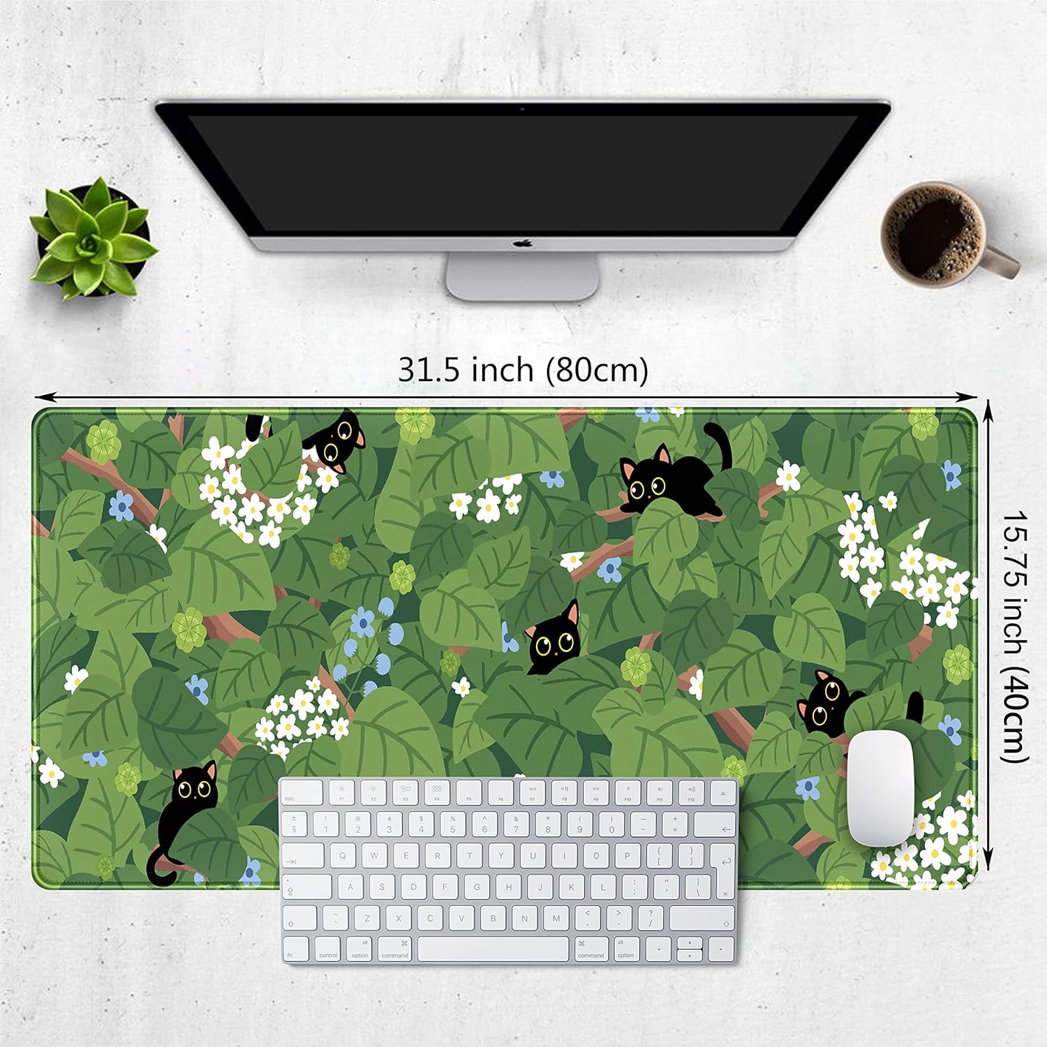 Tapete de escritorio con diseño de hojas verdes, diseño de gato negro, diseño de gato negro, extendido, grande, para videojuegos, XXL, para