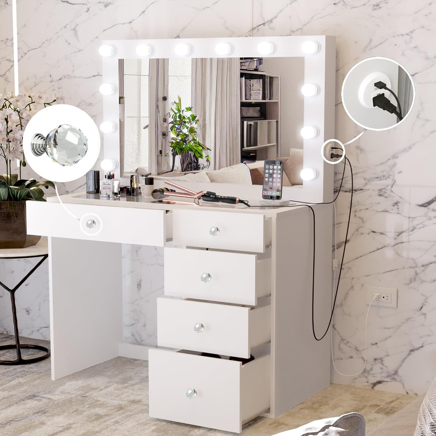 Boahaus Alana – Escritorio de maquillaje blanco con espejo y luces, pomos de bola de cristal, 5 cajones para un amplio almacenamiento, parte