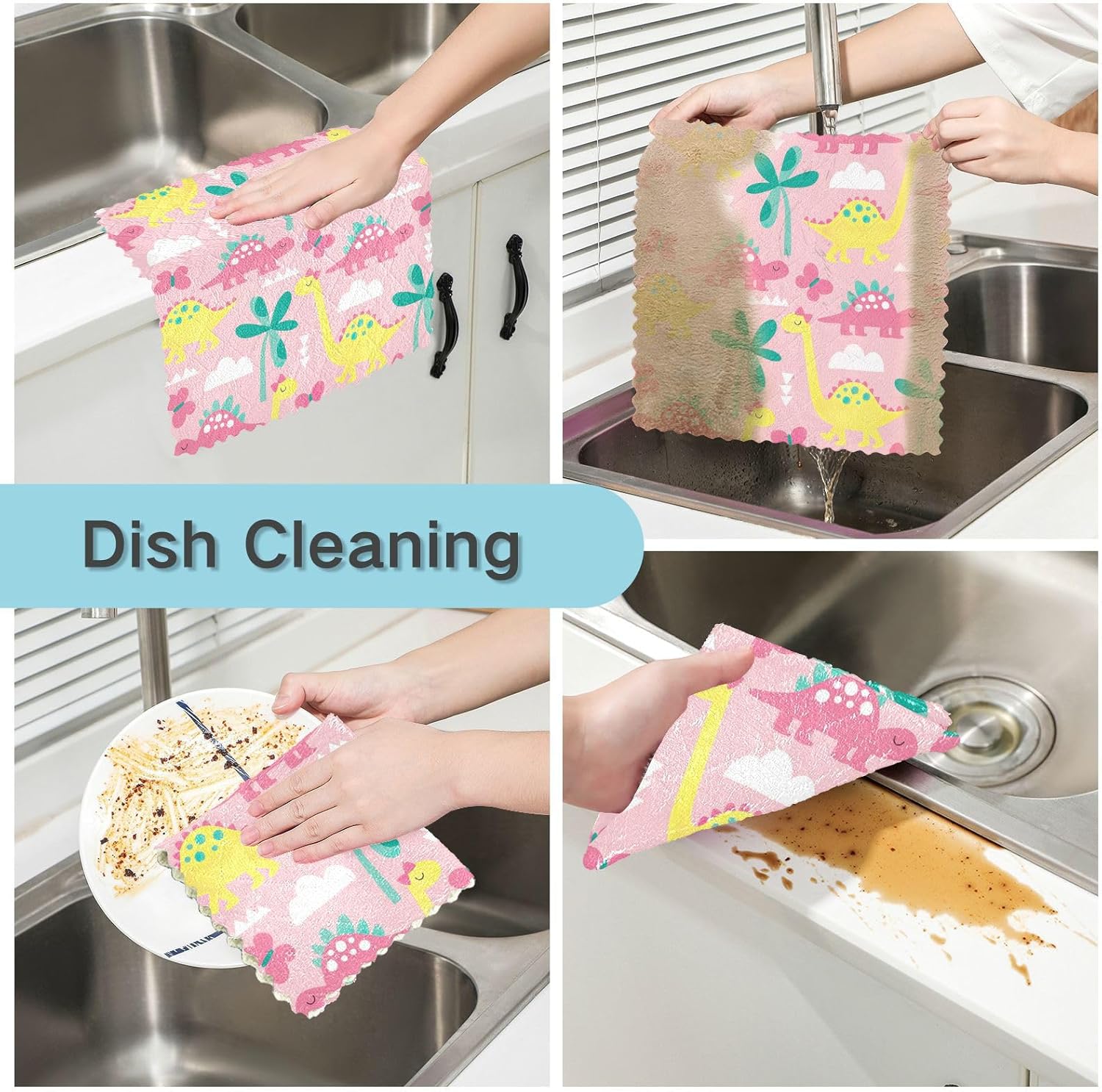 FRODOTGV Pink Dinosaur Kawaii Quality Decor Towels for Drying Dishes Fast Drying Set of 6 Microfiber Drying Towel Kitchen for Bathroom Oven