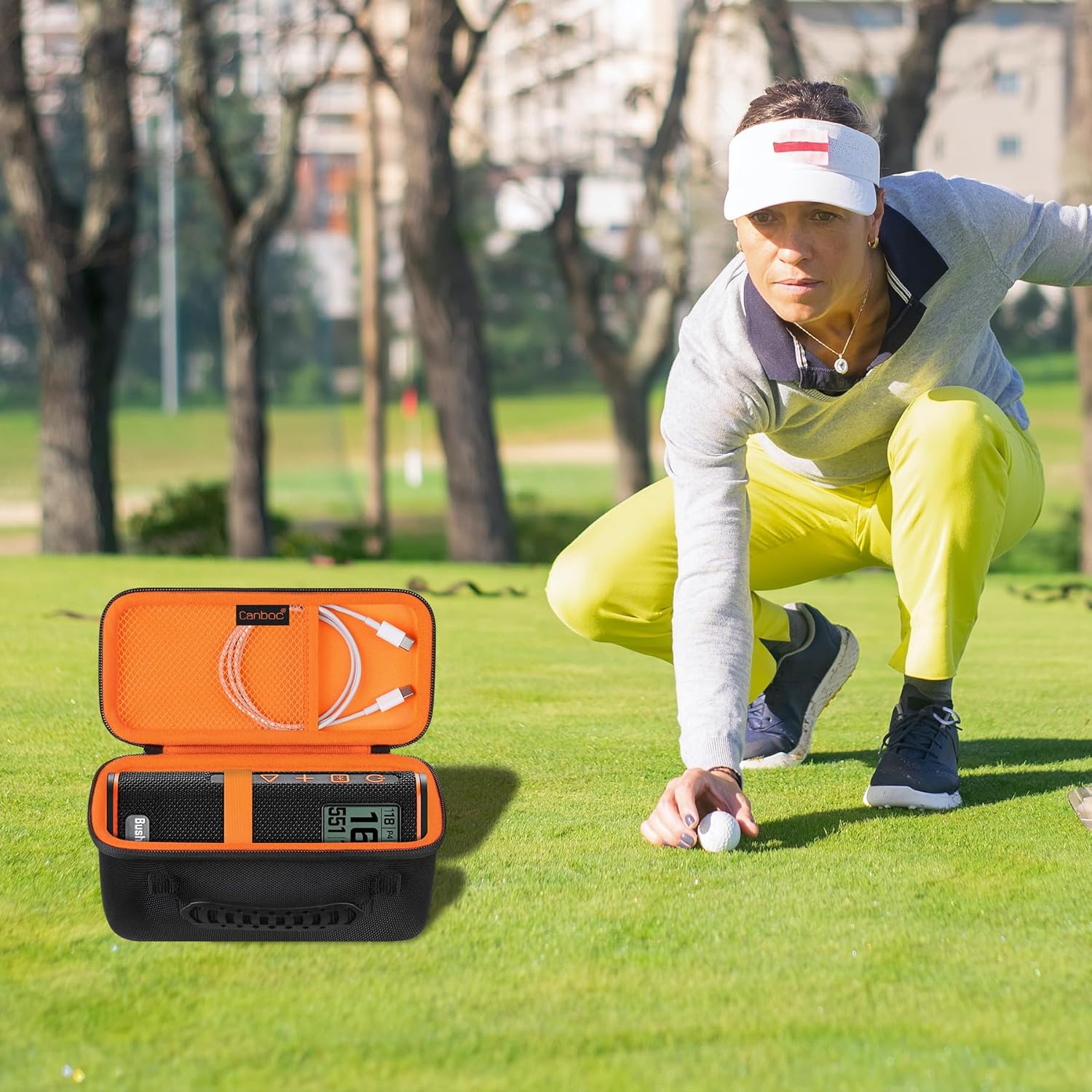 Canboc Estuche rígido de transporte para altavoz GPS Bushnell Wingman View Golf, bolsillo de malla para cables de carga y accesorios, negro+naranja