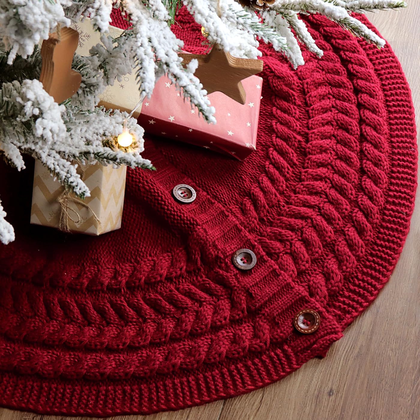 Falda de árbol de Navidad de 36 pulgadas anillos anuales de punto trenzado grueso, falda redonda de árbol rojo vino, decoraciones rústicas para