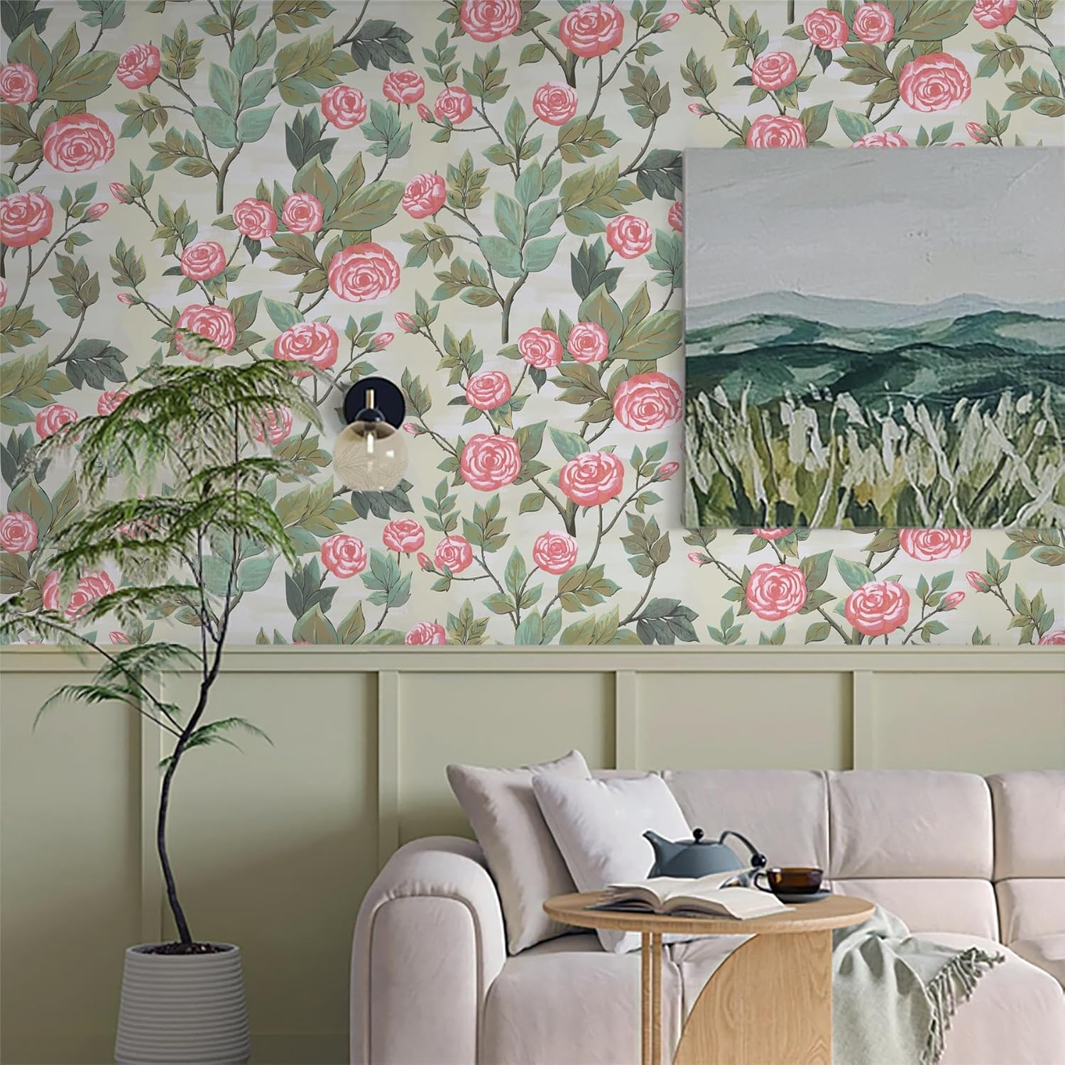 Dimoon Papel tapiz floral de 236 x 16.1 pulgadas, papel de contacto con hojas verdes, flores rosadas, grueso, impermeable, autoadhesivo, papel tapiz