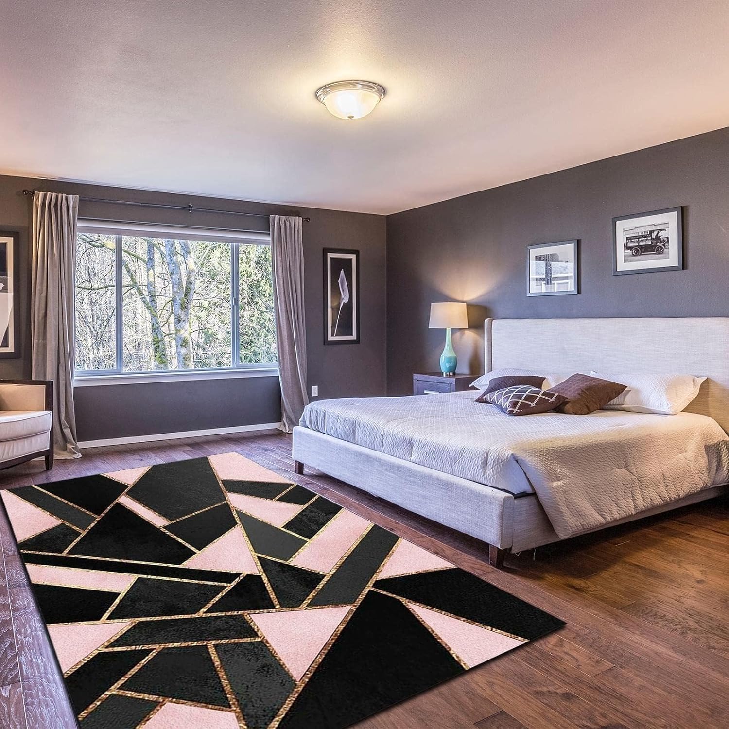 AONIGE Alfombra de área con textura de mármol negro y rosa, con líneas geométricas irregulares doradas abstractas para decoración, súper suave,