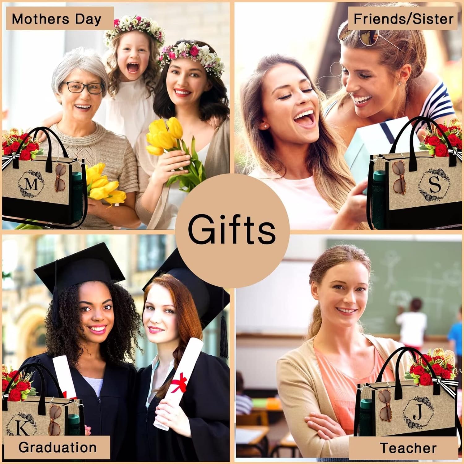 Regalos para mujeres  Regalos para el día de la madre, regalos de graduación, regalos de agradecimiento para profesores, bolsa de yute con inicial