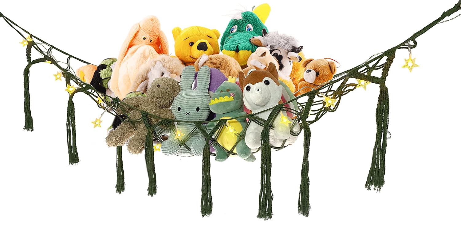 Red de animales de peluche o hamaca jumbo  con cadena de luces LED blancas cálidas, ganchos de pared, hamaca de animales de peluche  Red