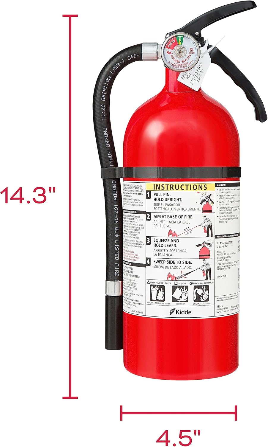 Kidde Extintor de incendios para uso doméstico y de oficina, 2-A10-BC, 7.13 libras, manguera y montaje en pared (incluido)
