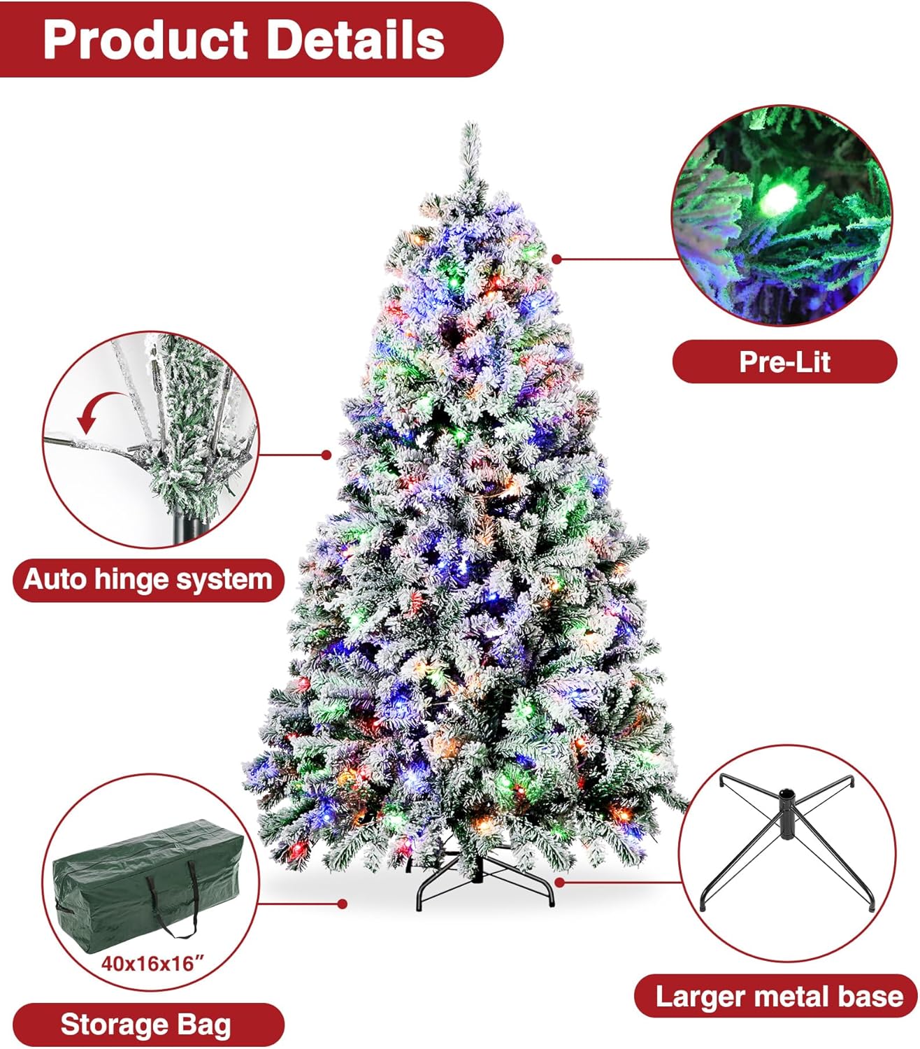 BROVIEW Árbol de Navidad artificial preiluminado de 6 pies, árbol de Navidad navideño con 250 luces RGB multicolor, 928 puntas de rama, base