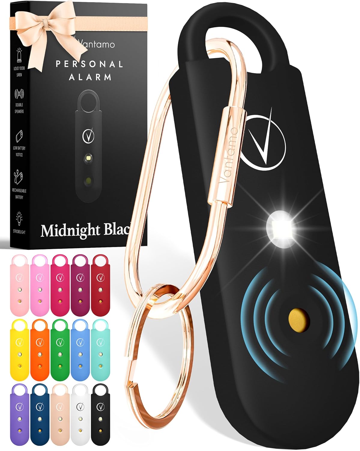 Vantamo Alarma personal para mujer  Altavoces dobles extra ruidosos, primero con aviso de batería baja con luz estroboscópica, recargable  Llavero