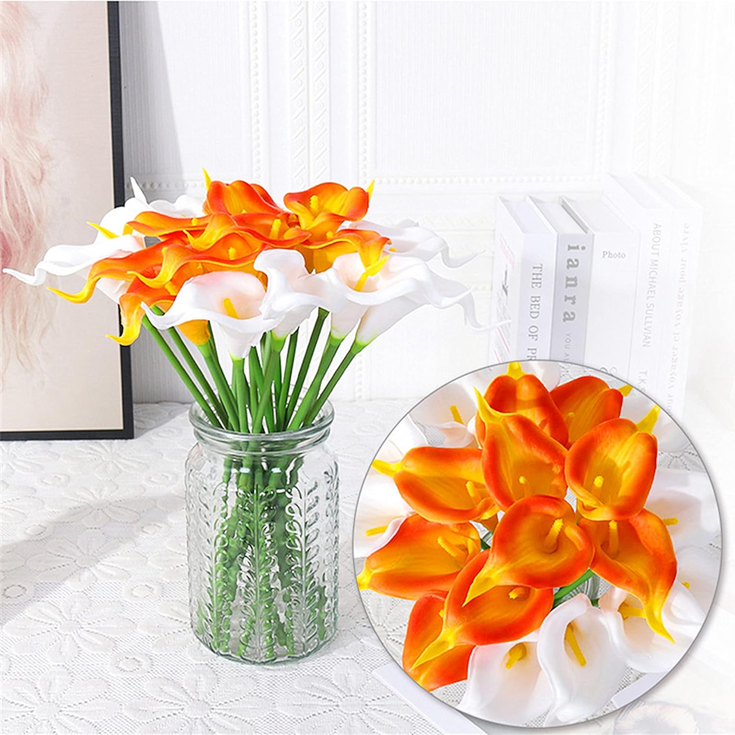 UKELER 20 flores artificiales a granel de color naranja y amarillo falsas para decoración del hogar, cocina, oficina, fiesta, boda, arreglo floral