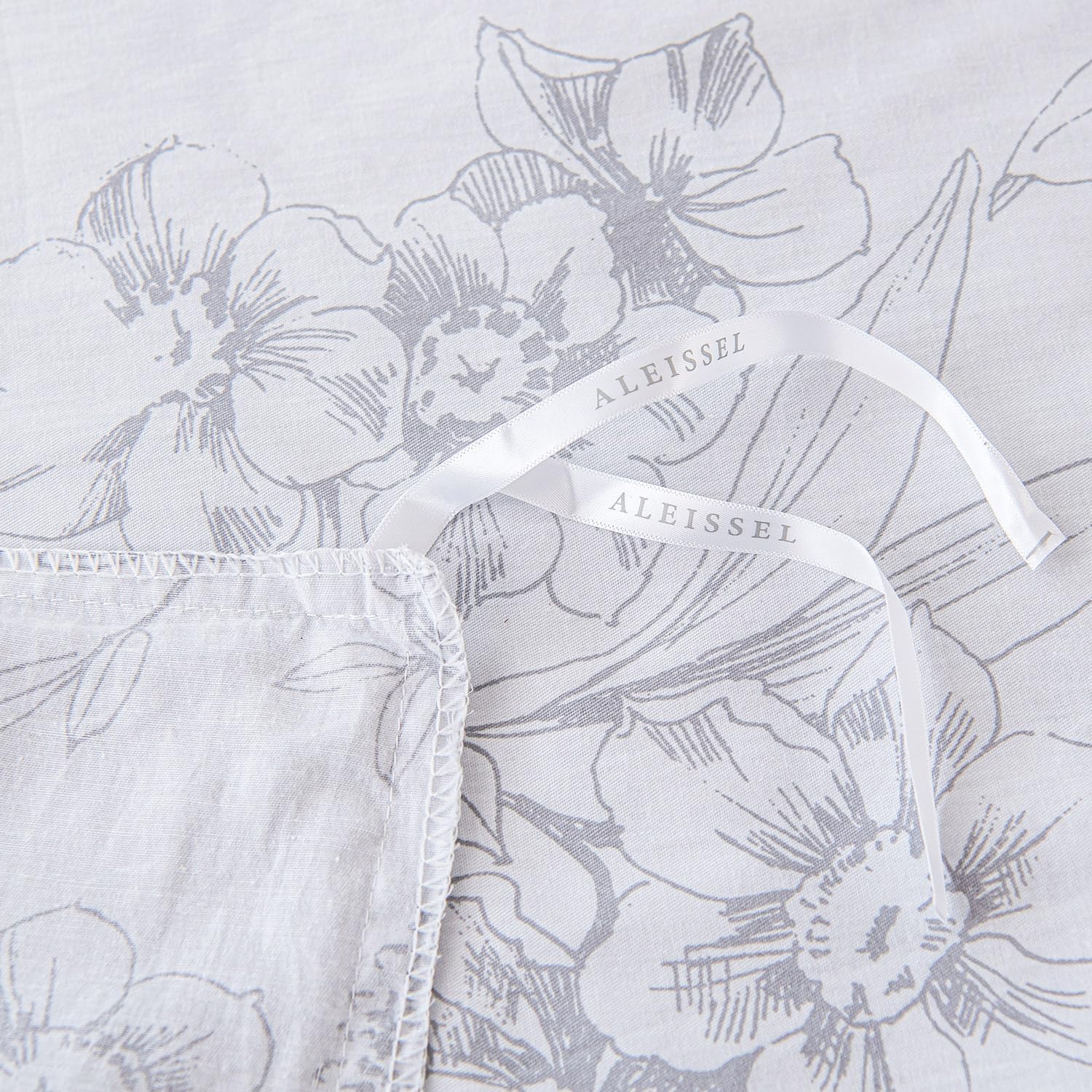 Juego de funda de edredón floral de 3 piezas, 100 % algodón natural, funda de edredón blanca con patrón de flores y ramas de lujo gris, juegos de