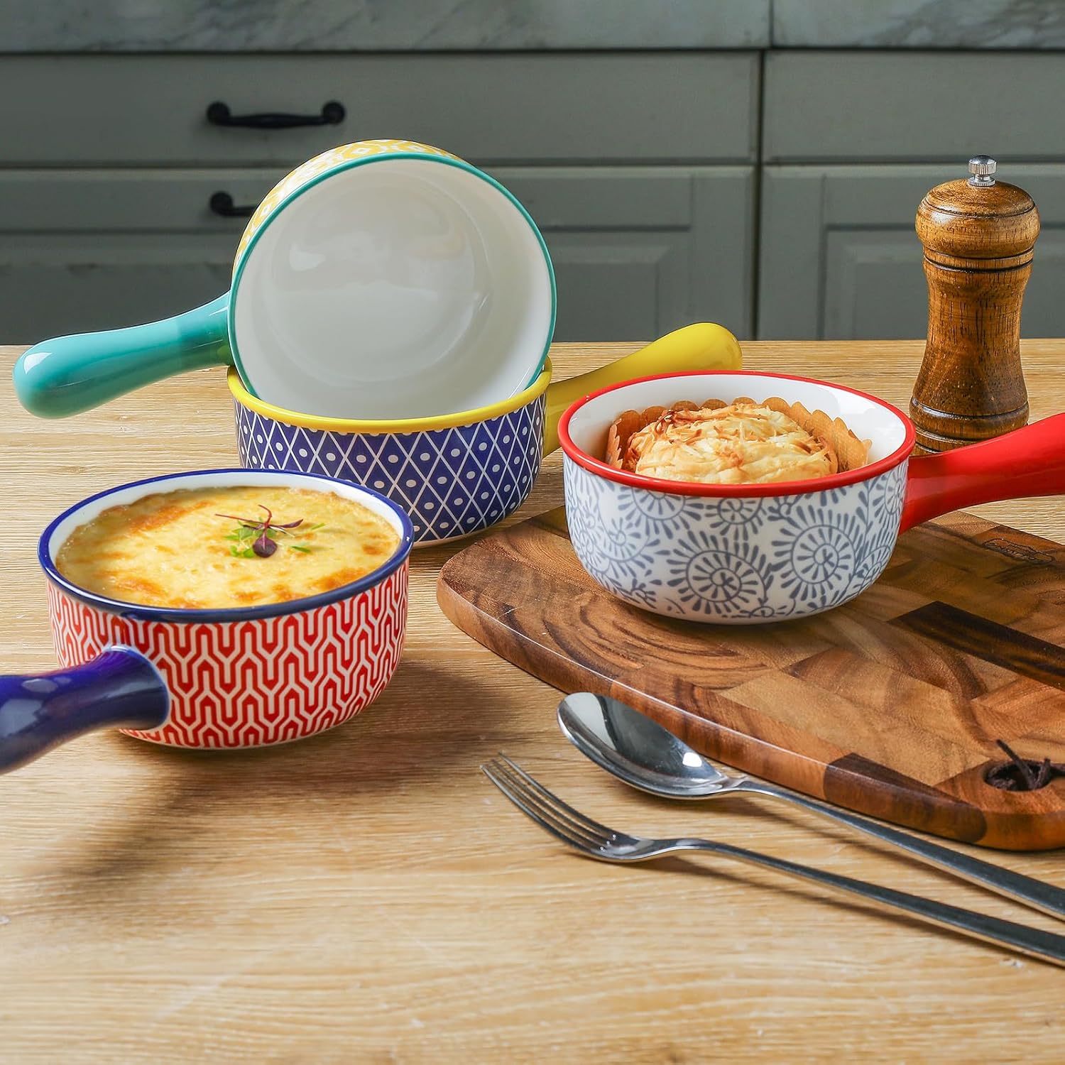 Selamica Tazones de sopa de cerámica con asas, cuencos de sopa de cebolla francesa de 15 onzas, cuencos de sopa aptos para horno para cereales,