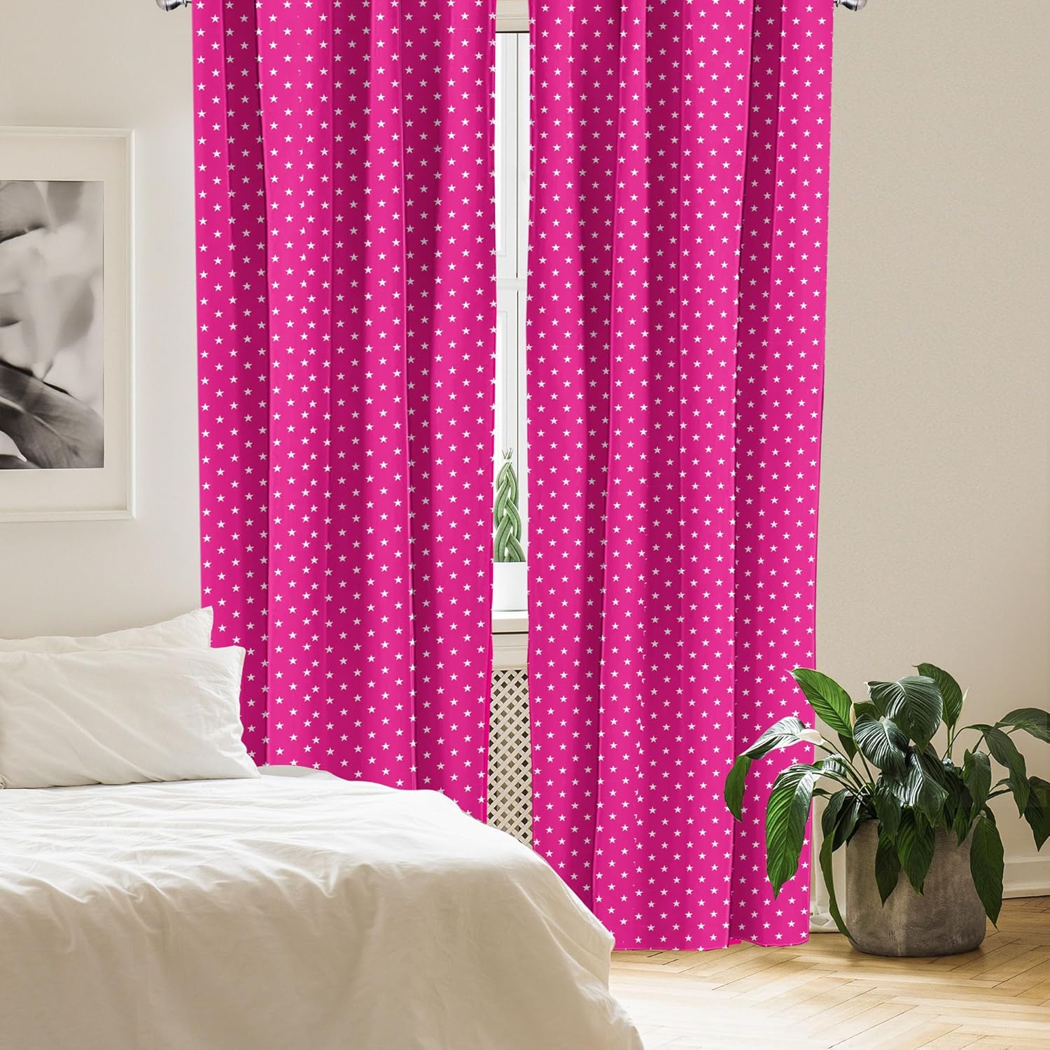 Ambesonne Cortinas de ventana color rosa intenso, patrón simétrico con estrellas blancas y diseño de niña, azulejos retro para fiesta, decoración