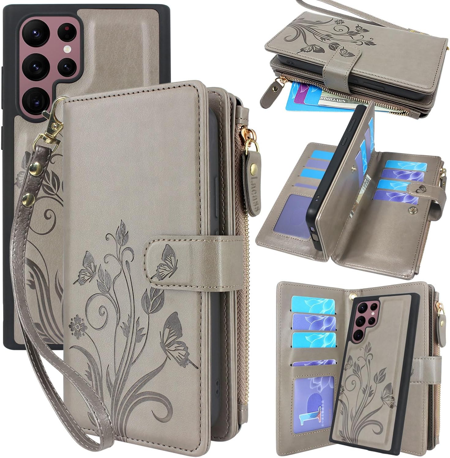 Lacass Funda para Samsung Galaxy S22 Ultra 12 ranuras para tarjetas Soporte para dinero en efectivo para tarjetas de identificación, bolsillo con