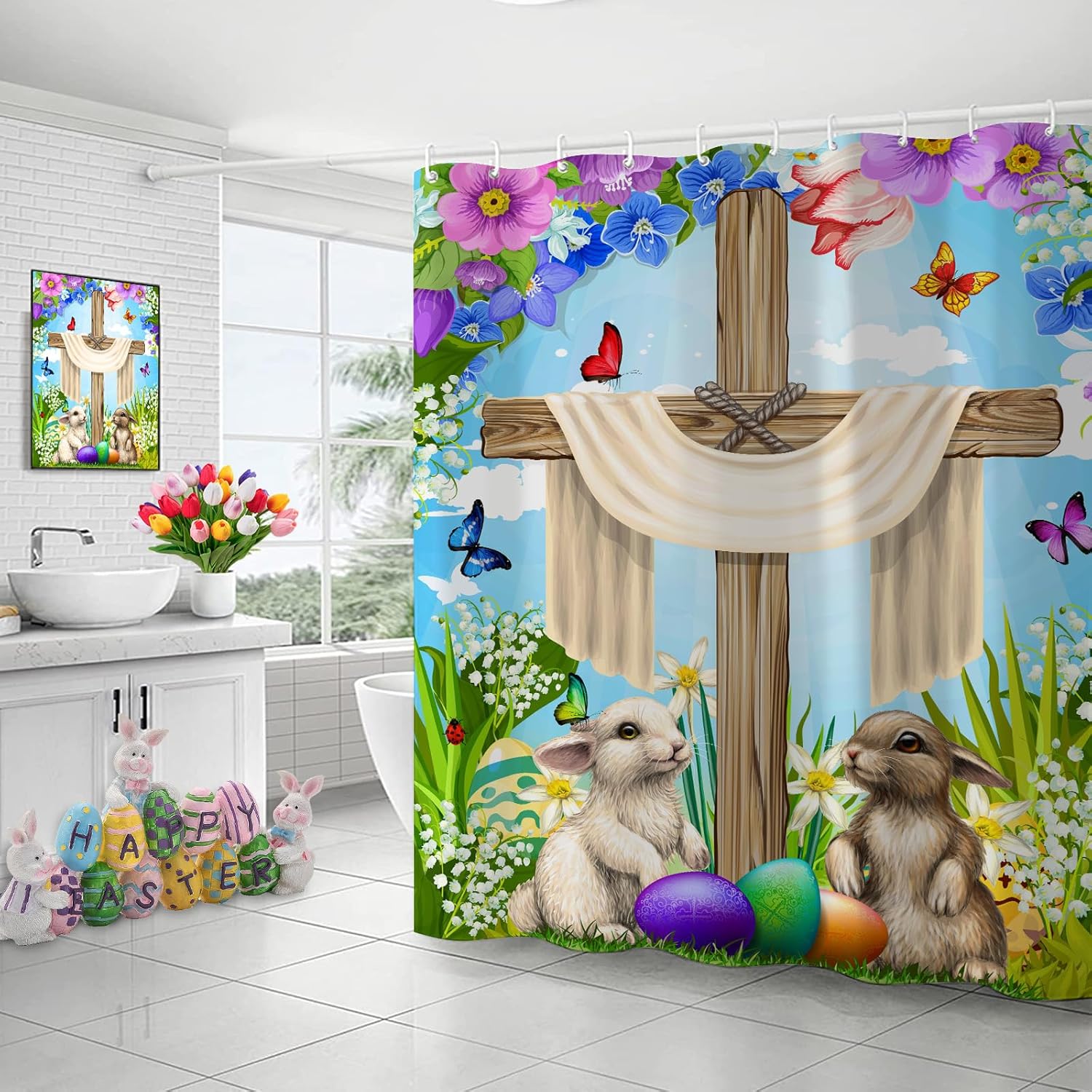 Cortina de ducha de Pascua, cortina de ducha con 12 ganchos, cortinas de ducha de Pascua para decoración de baño, 72 x 72 pulgadas