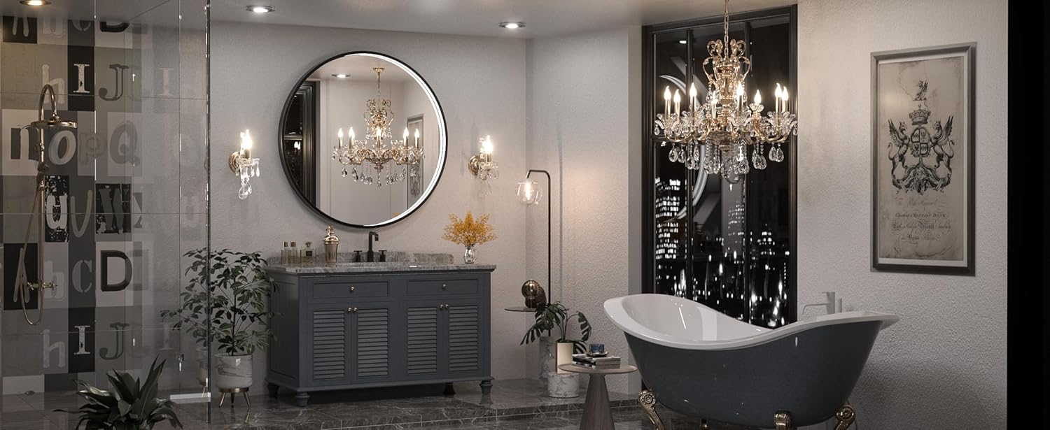 Keonjinn Espejo LED redondo negro para baño con luces 3000 K4500 K6000 K, espejo de tocador con marco de metal montado en la pared, espejo de