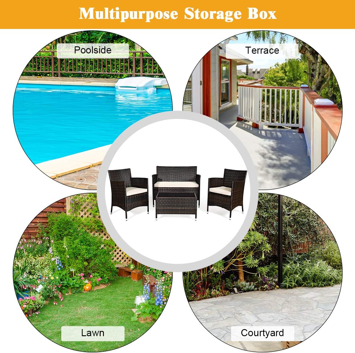 Juego de sofá de patio de 4 piezas, juego de conversación de mimbre con respaldo curvado ergonómico, juego de muebles de ratán para patio con cojín