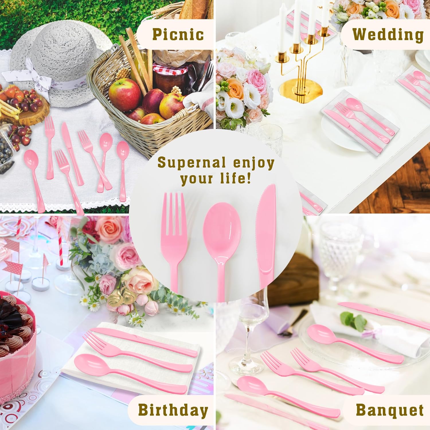Paquete de 150 cubiertos de plástico rosa claro, juego de utensilios desechables de color rosa resistente, 50 tenedores rosados, 50 cuchillos