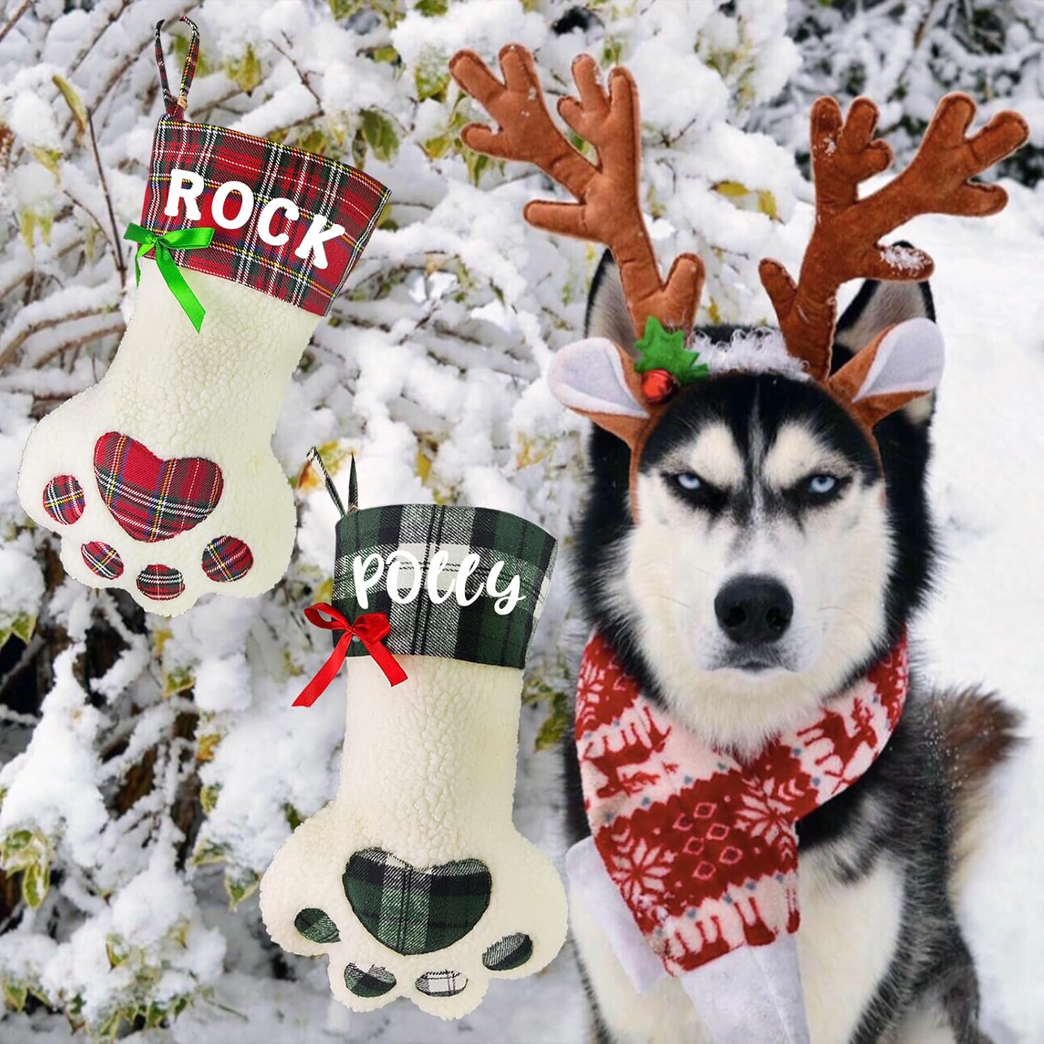 Medias de Navidad personalizadas para perros, de 18 pulgadas, grandes, con nombre 3D, muñeco de nieve, Papá Noel, ciervo, calcetín de Navidad