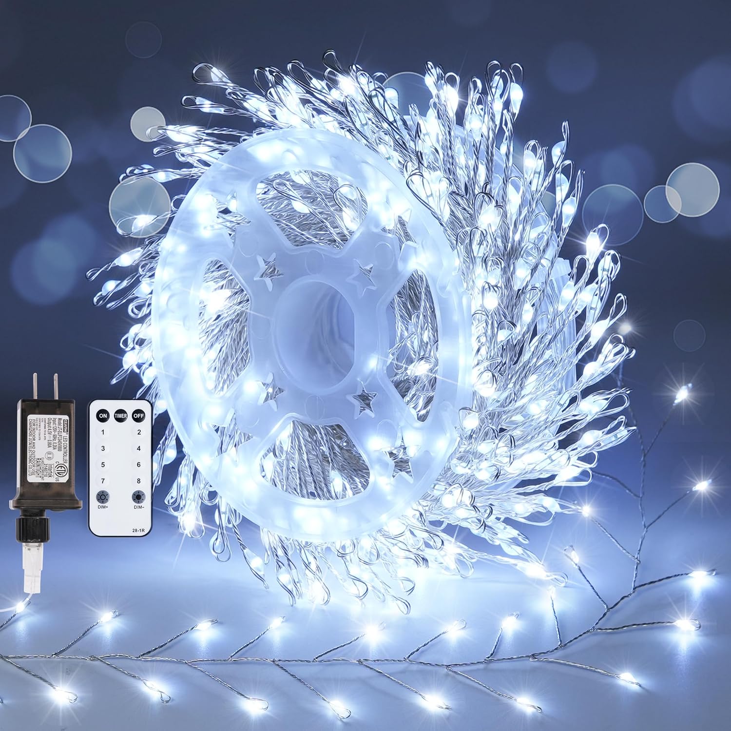 JMEXSUSS Guirnalda de luces enchufables con control remoto, 10 pies, 200 luces blancas y cálidas de Navidad, guirnalda de luces para árbol, corona,