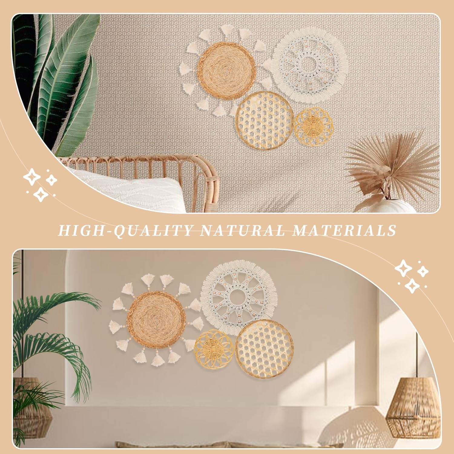 Juego de 4 decoraciones bohemias para colgar en la pared, cesta de pared tejida plana, hecha a mano, redonda, blanco, macramé, bandeja elegante,