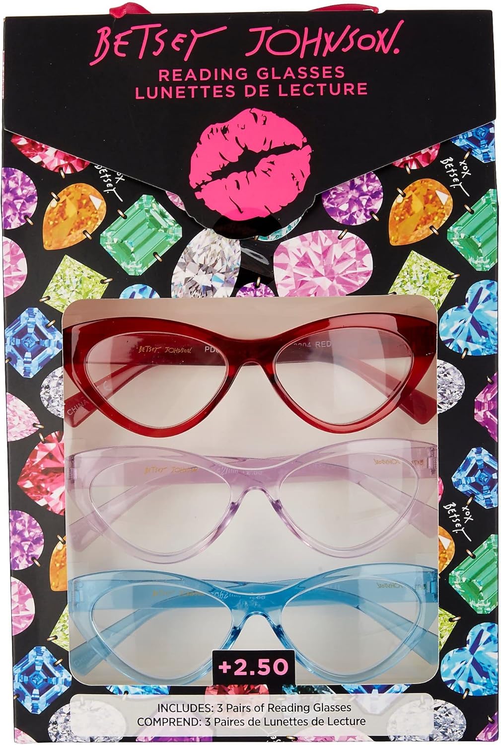 Betsey Johnson Juego de lentes de lectura Cateye para mujer, 3 unidades, +2.50 Multi