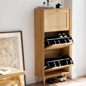 Gabinete de zapatos de ratán estrecho con 3 cajones abatibles, organizador de zapatos independiente oculto con patas de madera para entrada, Gabinete de zapatos de ratán estrecho con 3 cajones abatibles, organizador de zapatos independiente oculto con patas de madera para entrada,