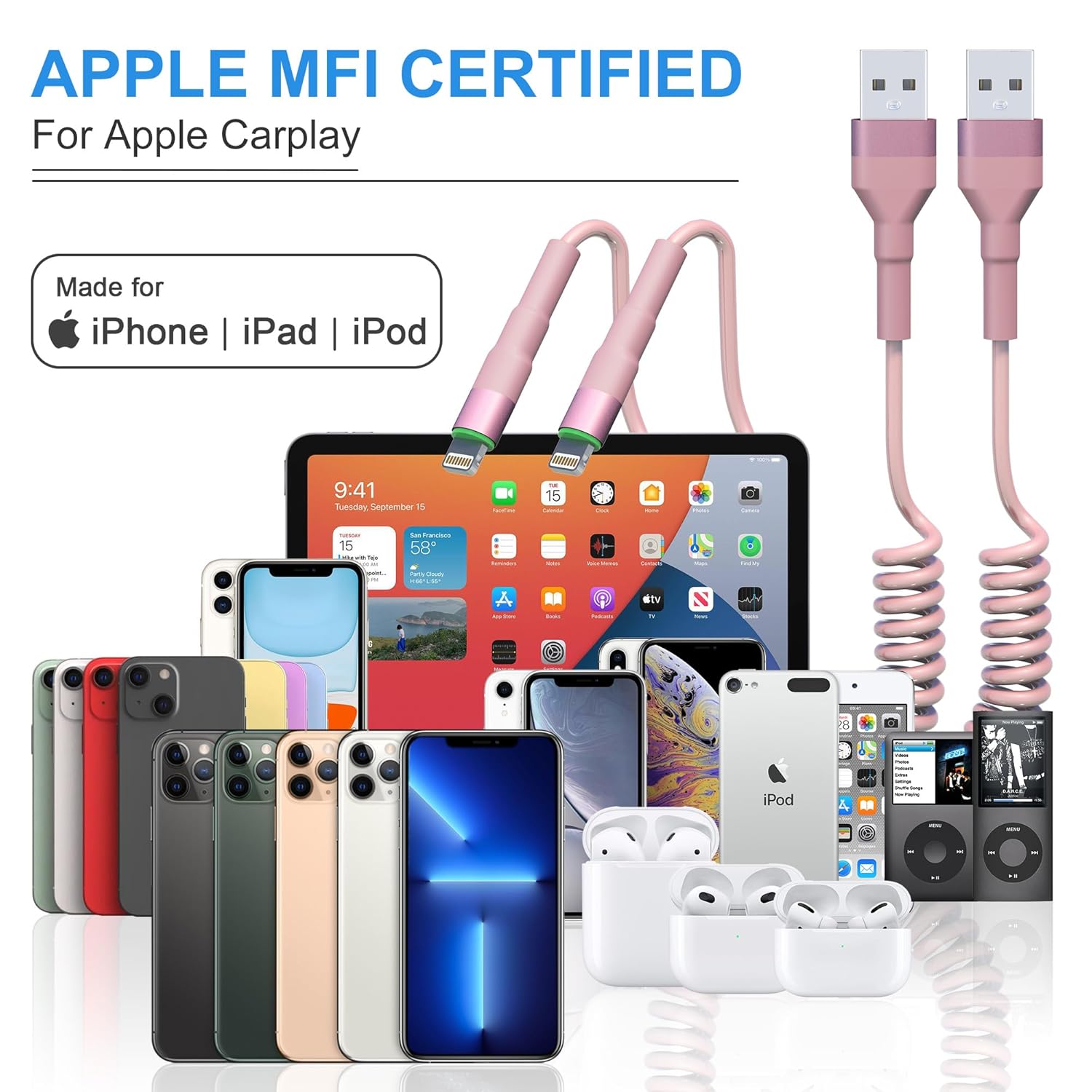 Cable Lightning en espiral para Apple Carplay, paquete de 2 cables de carga de iPhone para automóvil, certificado Apple MFi, cargador retráctil para