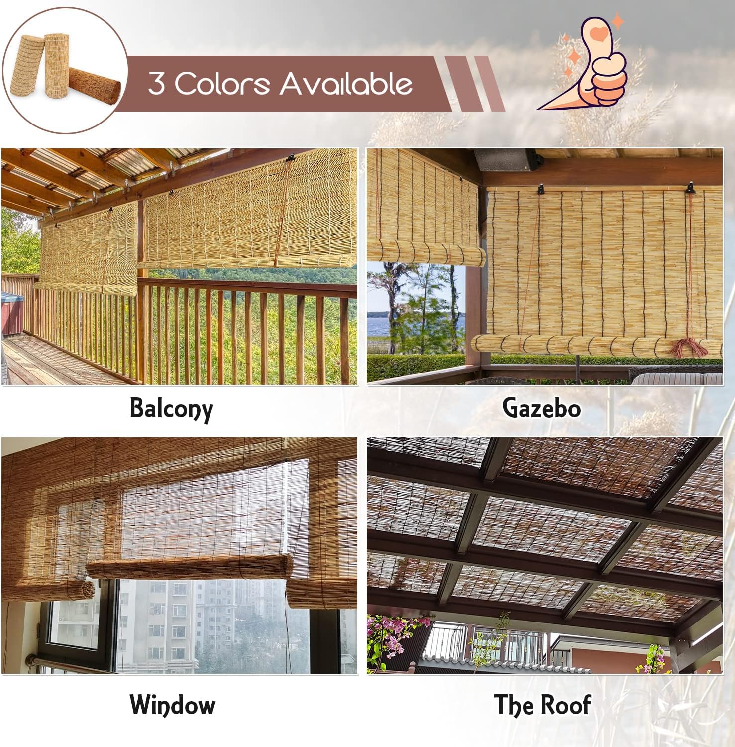 Lsjoaw Persianas enrollables para exteriores, 48 x 60 pulgadas (ancho x alto), persianas de bambú para patio, persianas romanas enrollables con