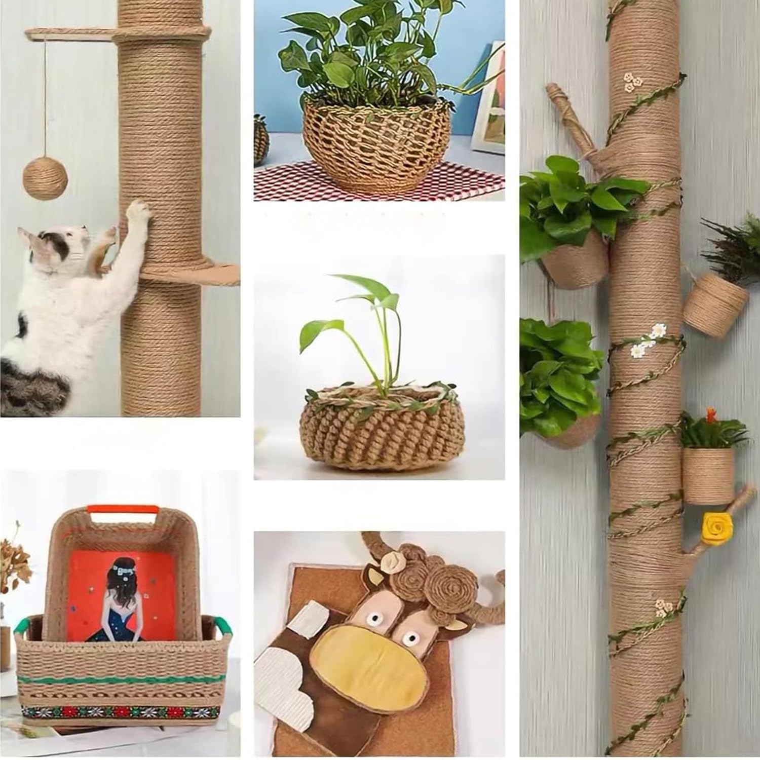 Cuerda de yute de 0.157 in, cuerda trenzada de yute natural de 328 pies, cuerda de yute marrón resistente y gruesa para manualidades, jardinería,